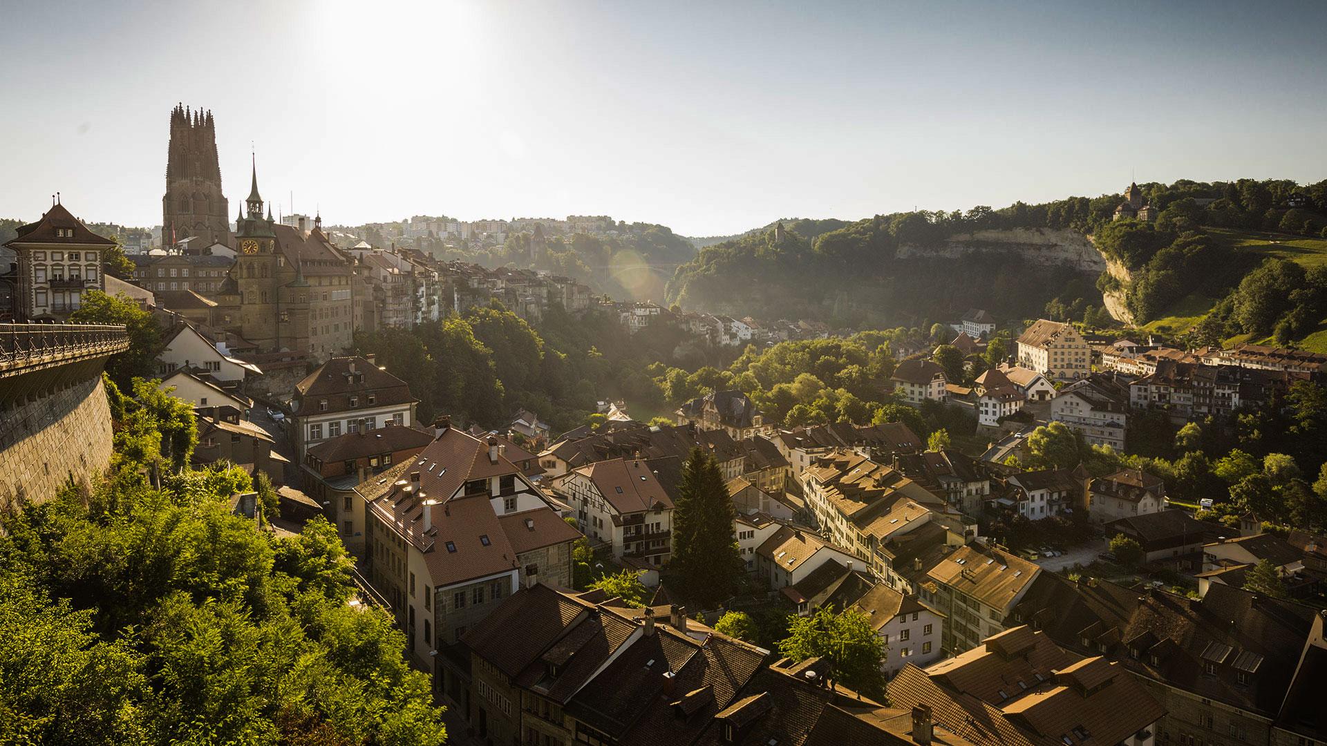 Vista Friburgo: paesaggio urbano impressionante con edifici storici e colline pittoresche.