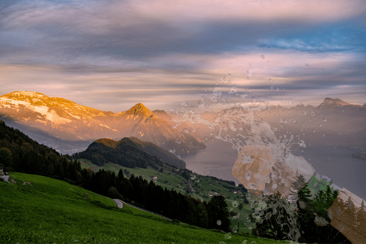 Champagne party at sunset by the lake, surrounded by mountains and natural beauty.