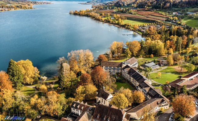 Otoño en el Lago de Constanza: paisaje pintoresco con árboles de hojas coloridas y agua tranquila en Suiza.