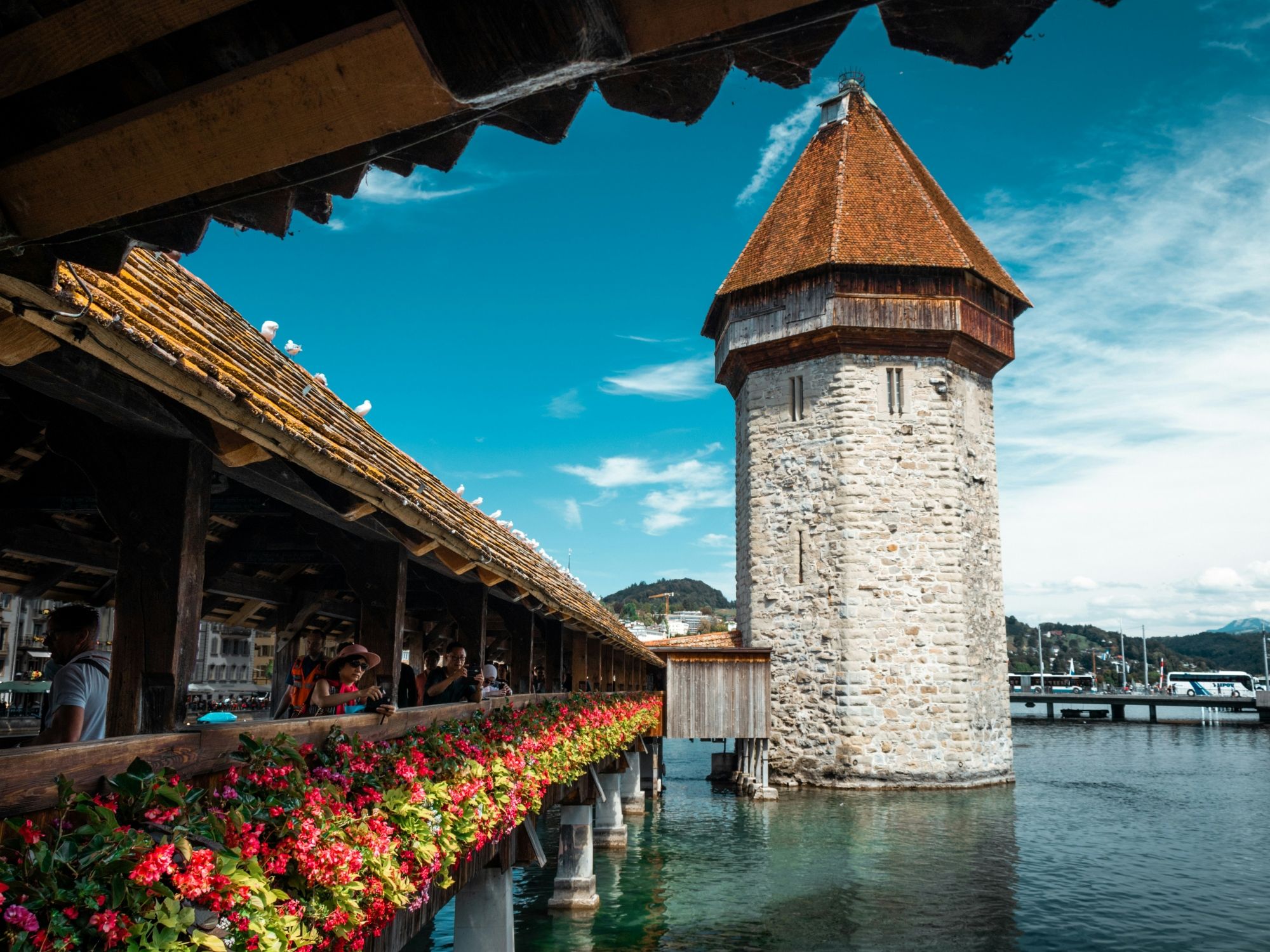 लुसर्न: जल के पास ऐतिहासिक वास्तुकला और खिलते फूल, समूह यात्राओं और साहसिक कार्यों के लिए आदर्श।