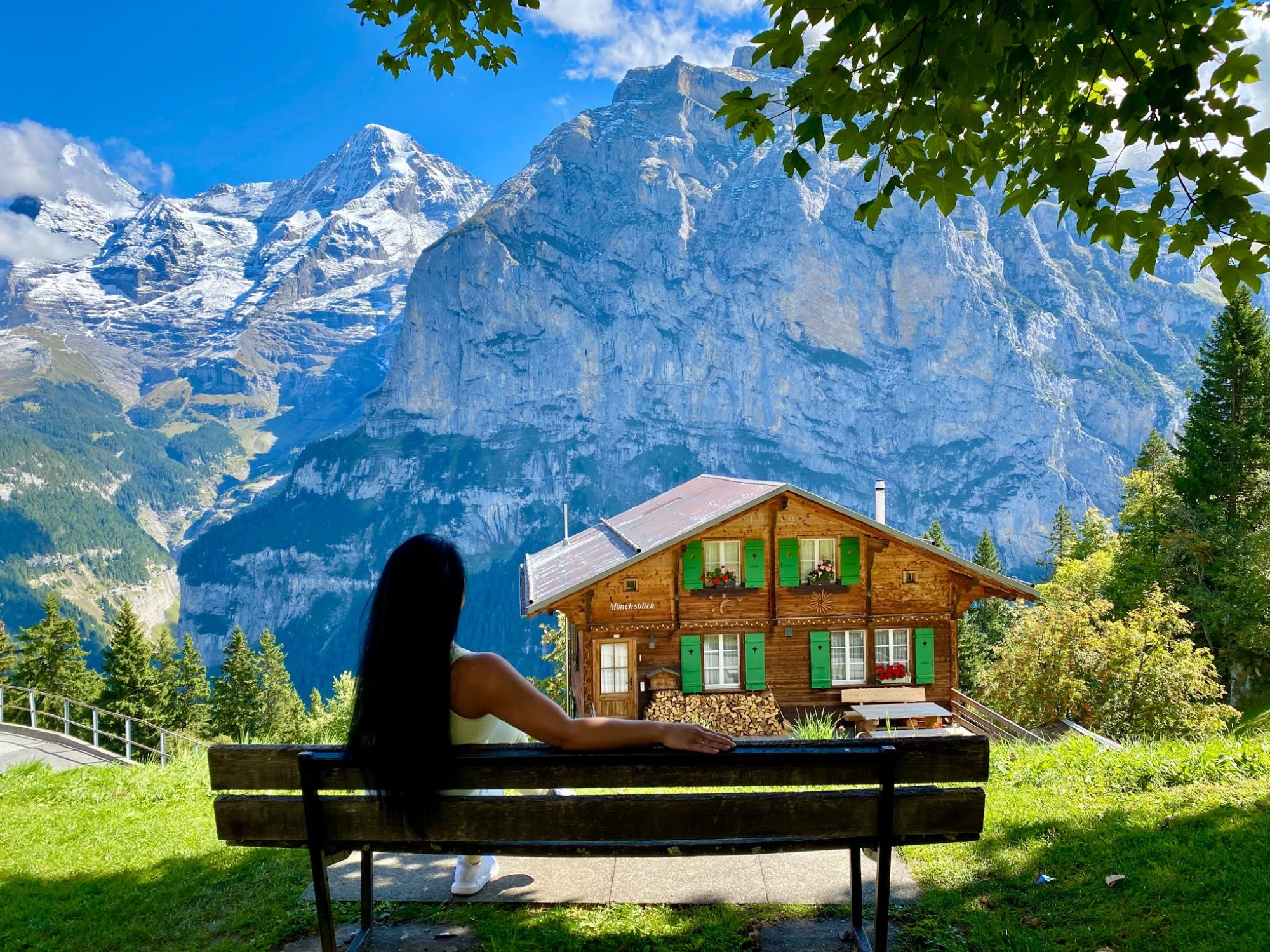 Hory: Výhled na oblast Jungfrau s dřevěným domem, zelenou loukou a modrou oblohou.