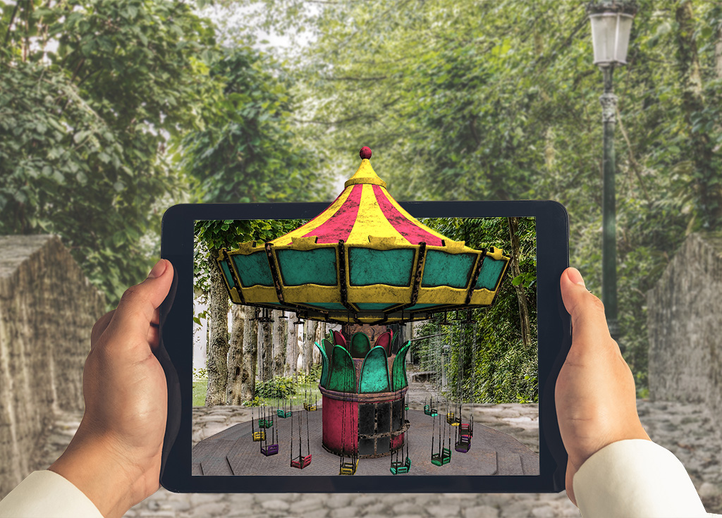 Ladrão de Pensamentos: Um carrossel colorido em um parque idílico, ideal para famílias e crianças.