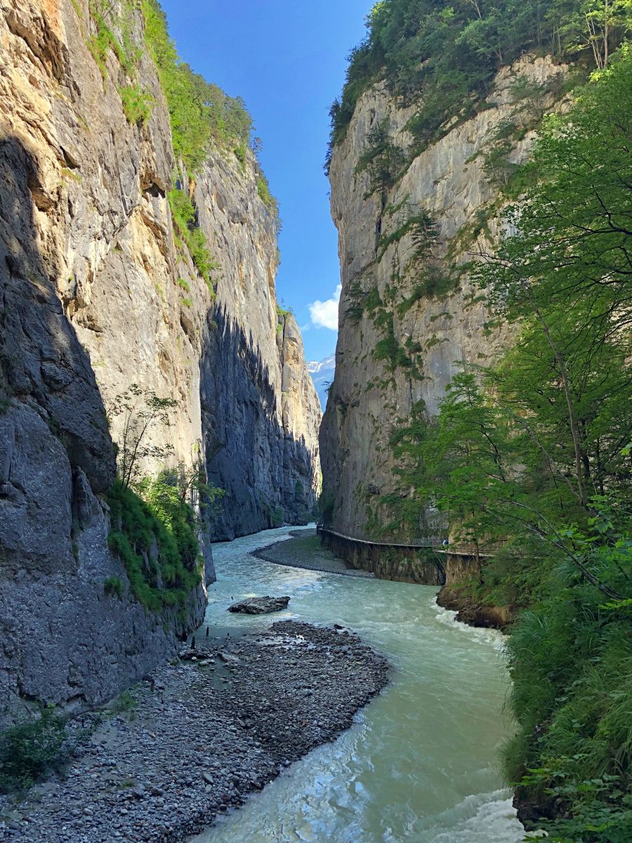Aareskogen med höga klippor, blå himmel och gröna träd på sommaren