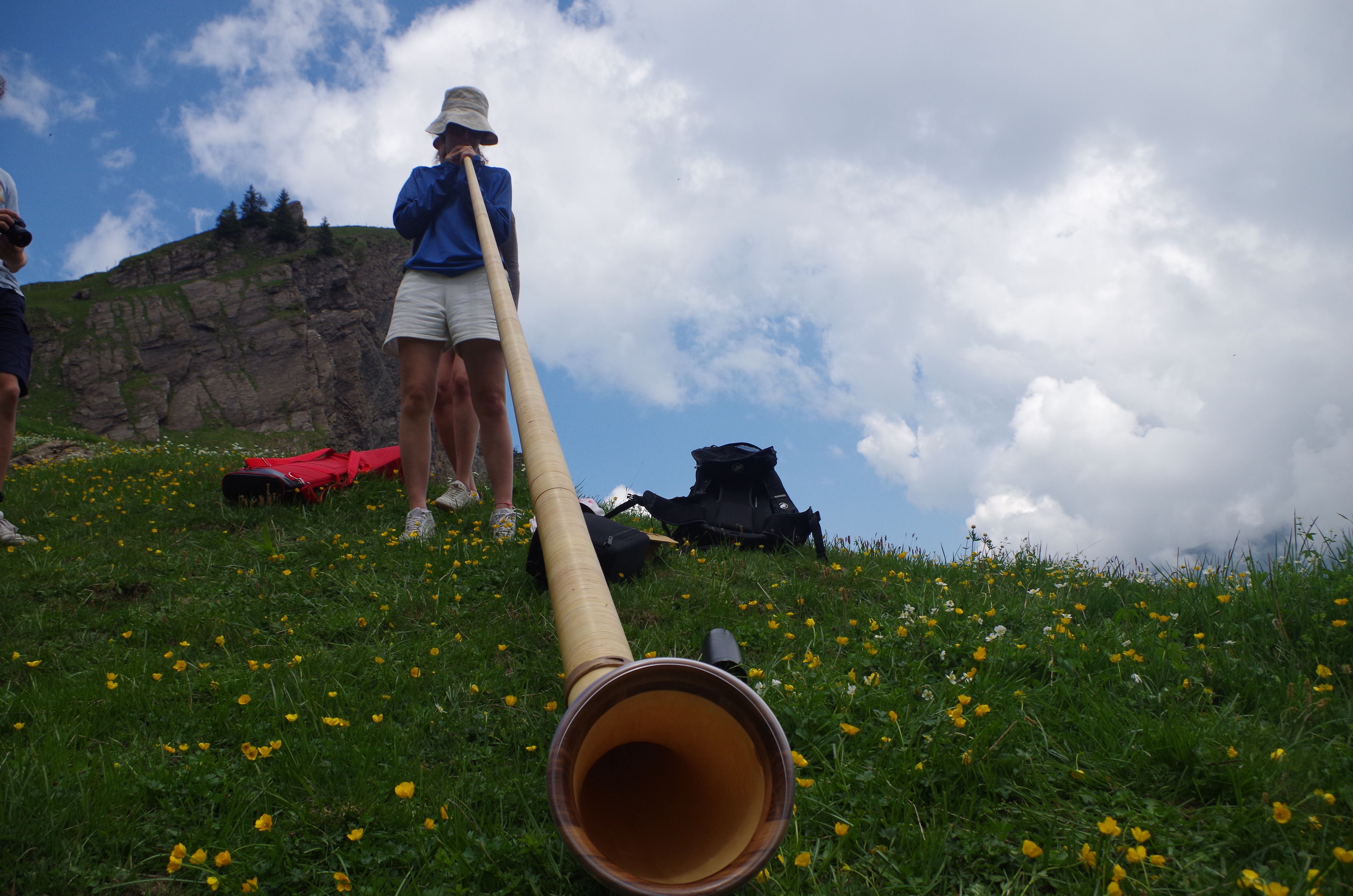 Curso de Alphorn: aprende a tocar Alphorn na natureza com amigos numa relva nas montanhas.
