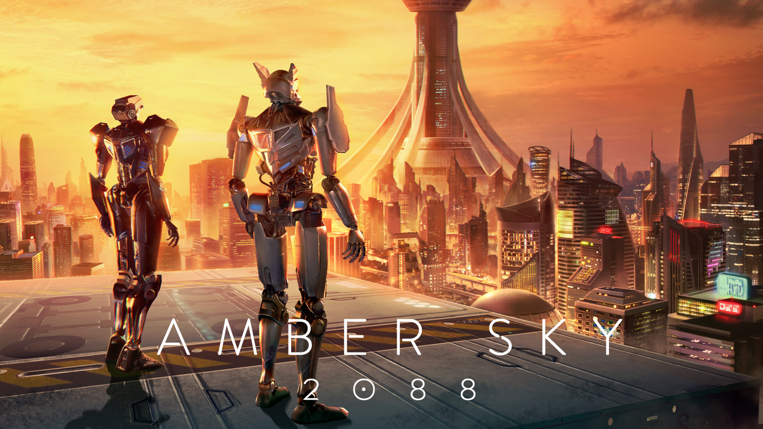 Sky Amber: futuristyczne miasto z robotami o zachodzie słońca i nowoczesną architekturą