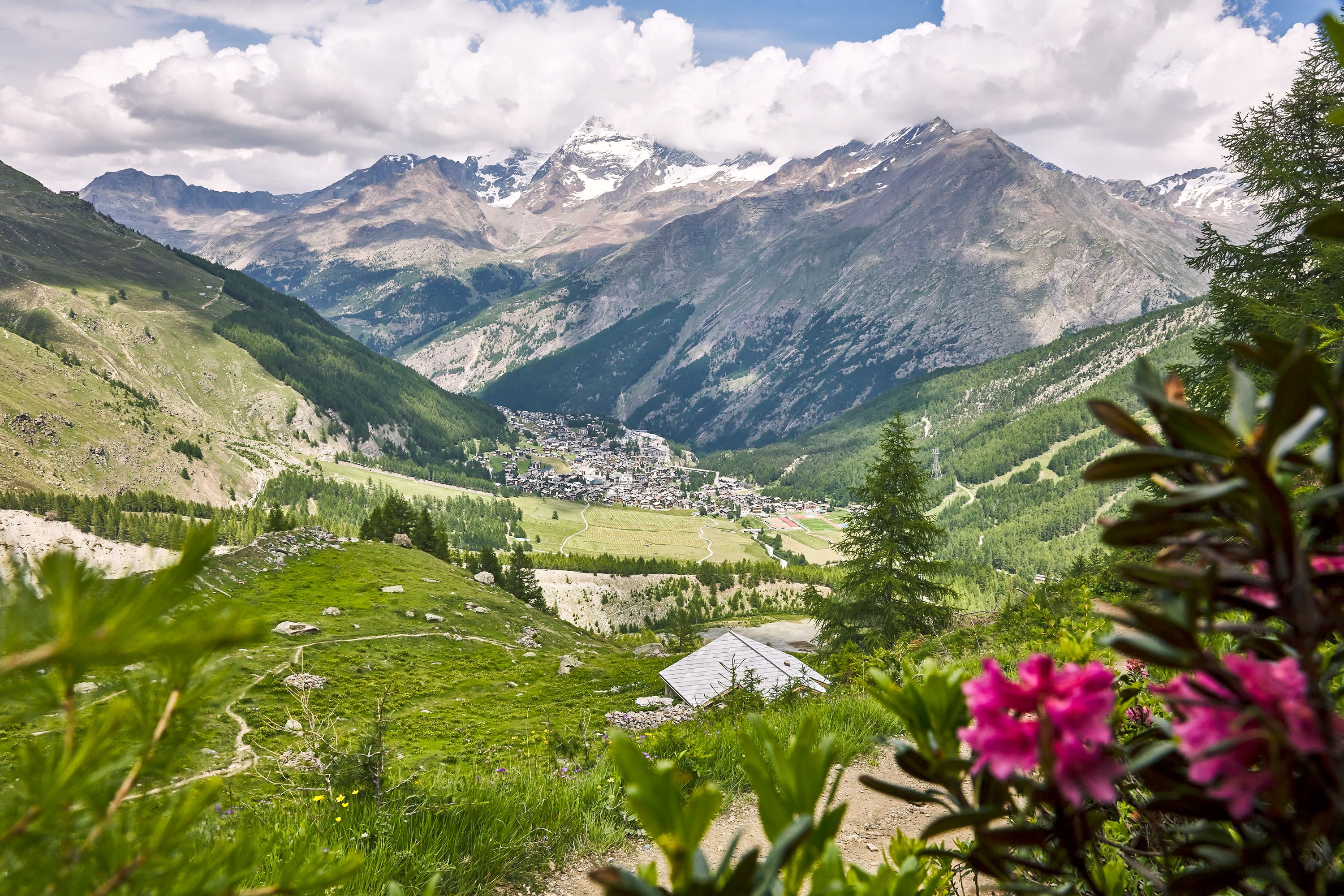 Вид с Хоусаса на панорамный вид на Альпы и долину
