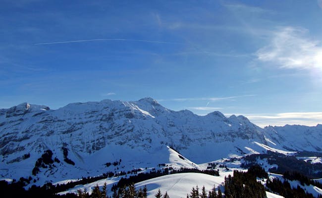 Vista de Kronberg con vistas al Säntis y las montañas circundantes en verano.