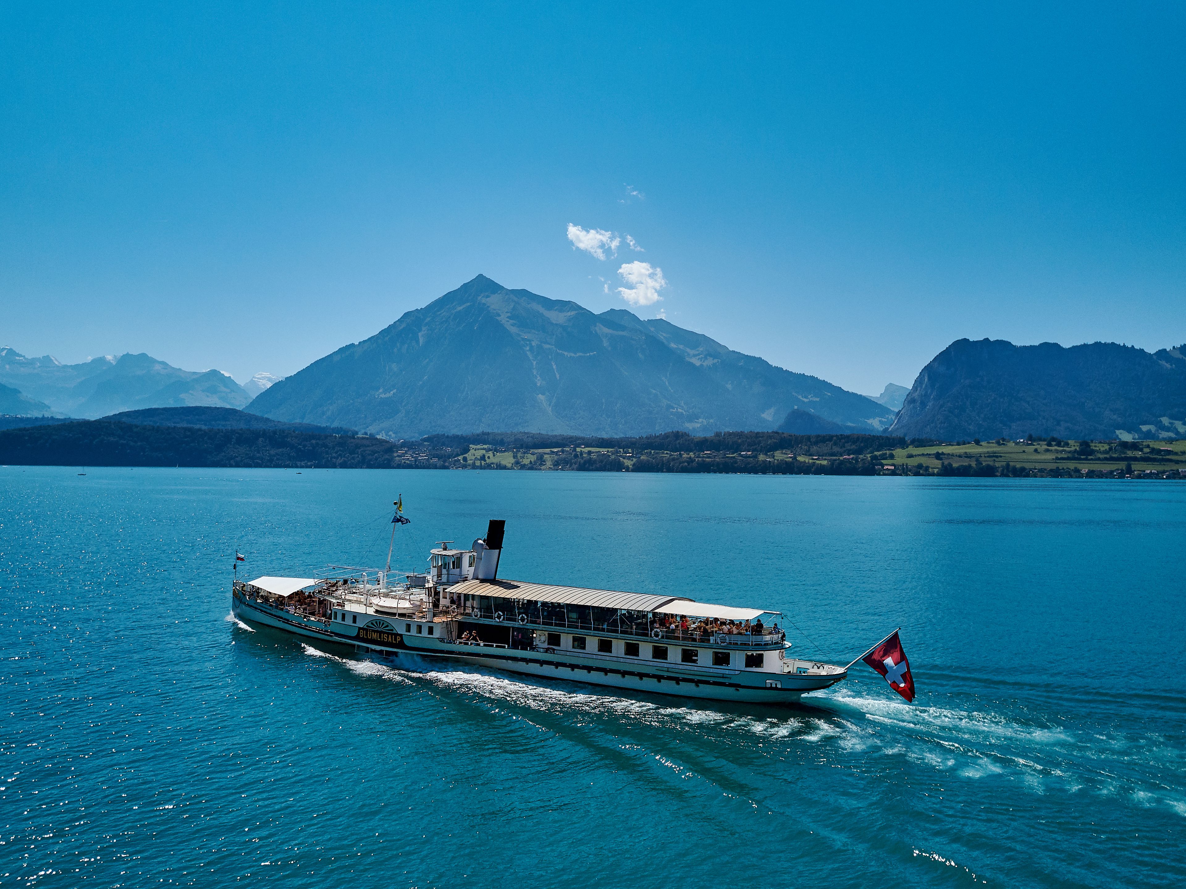 Tageskarte für das Schiff Thunersee mit Bergpanorama und klarer Wasseroberfläche.