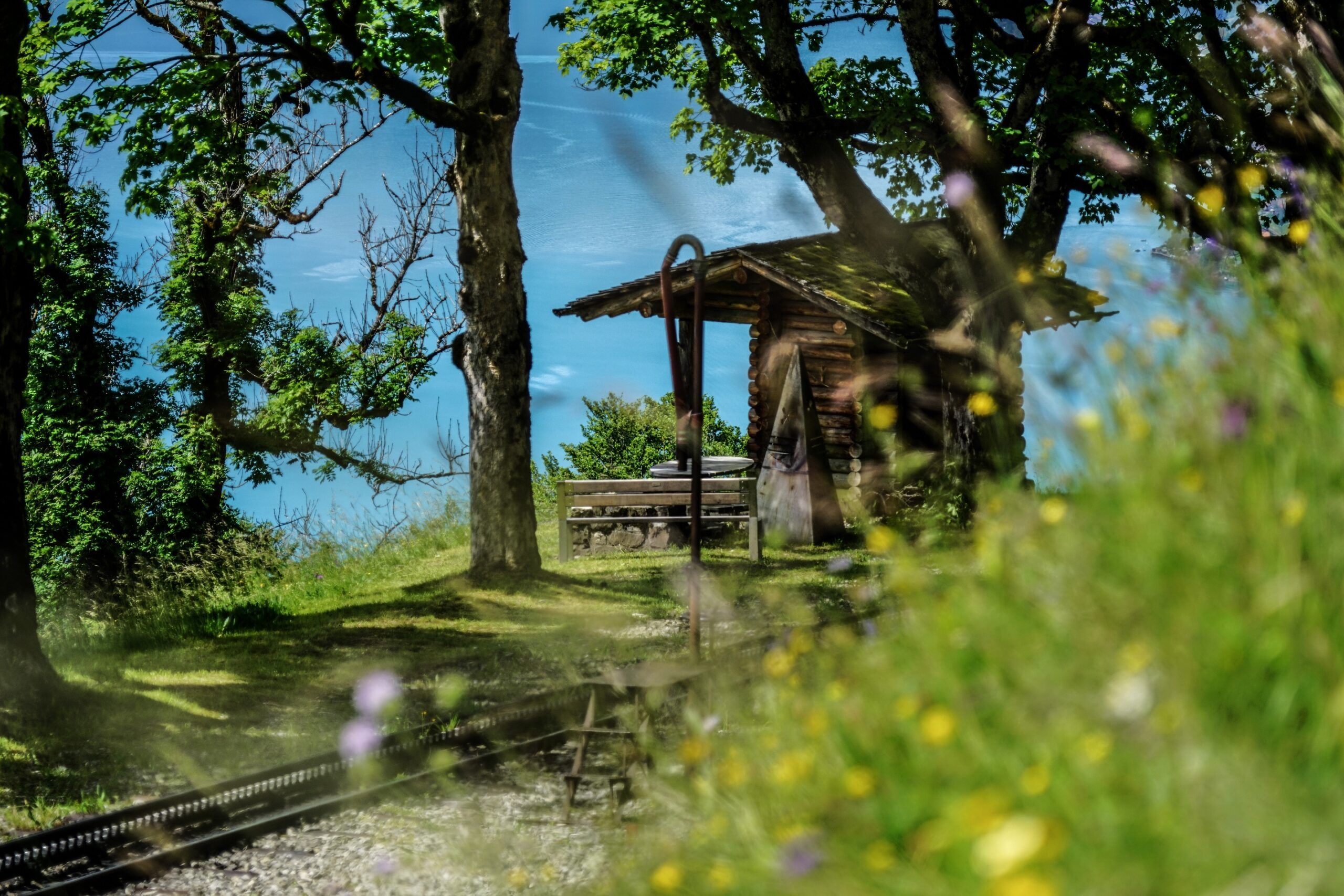 Berghaus Rothorn Bahn con capanno di legno e prati fioriti