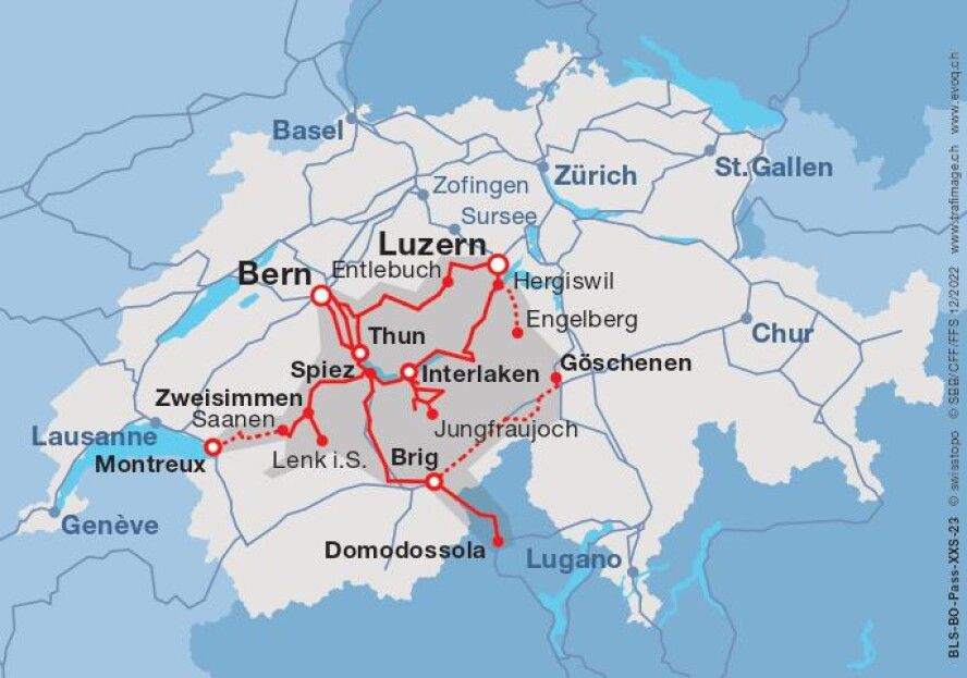 베르너 오버란드 패스: 여행자를 위한 인터라켄과 툰이 연결된 지역 지도.