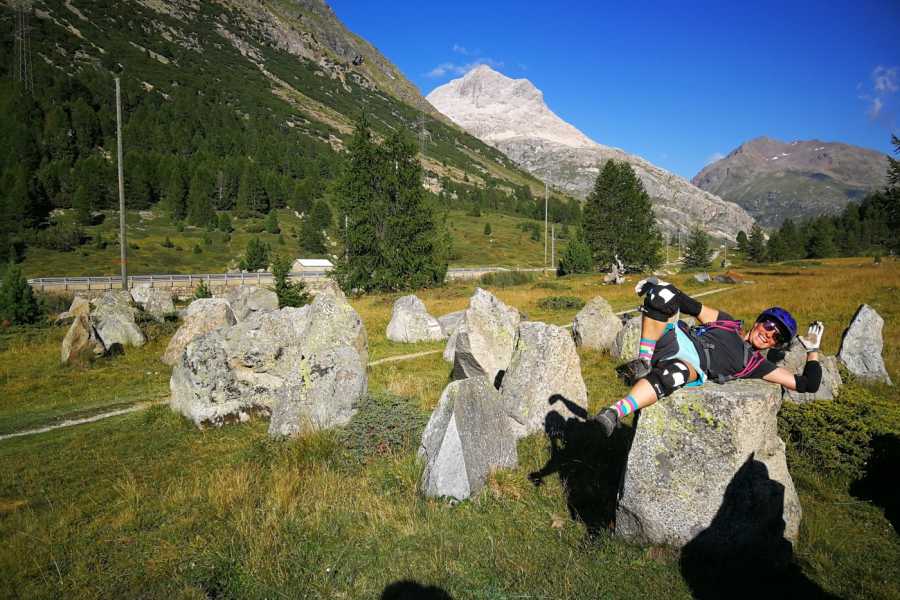 Viaggio sul Bernina Express attraverso paesaggi verdi nelle Alpi, i passeggeri godono della vista.
