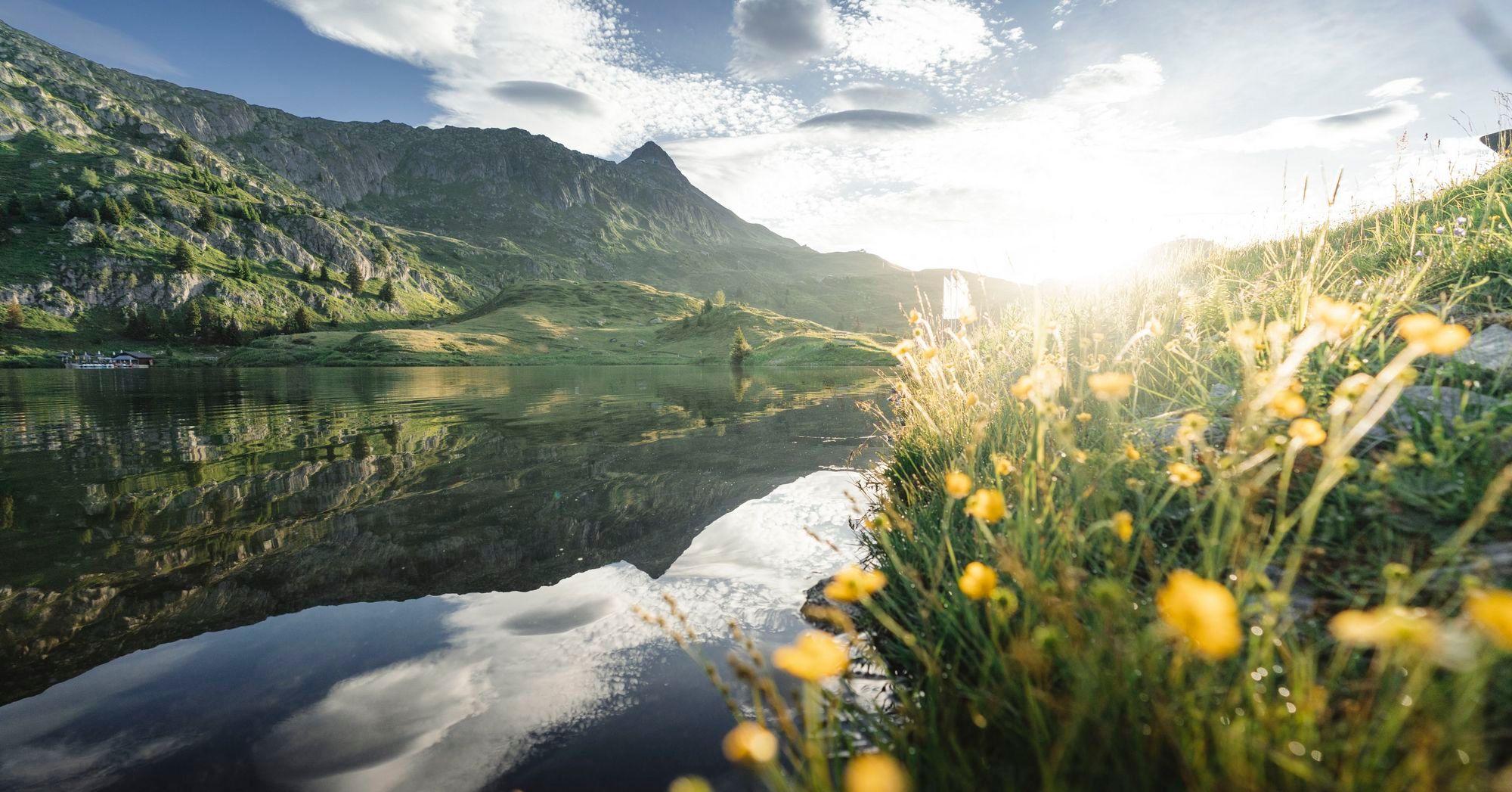 Lago Bettmer en verano con prados florecidos, paisaje verde, Aletsch Arena.