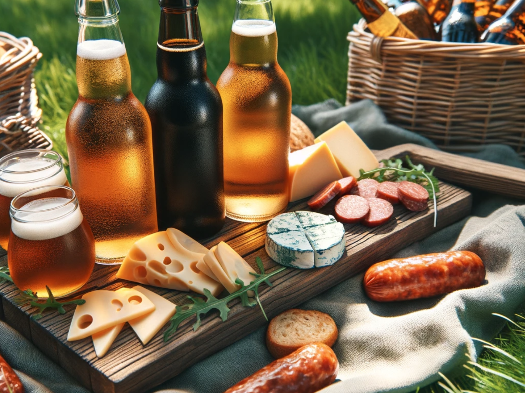 Bier: Genussvolles Biertasting mit Käse und Wurst in der Natur, ideal für Picknick im Sommer.