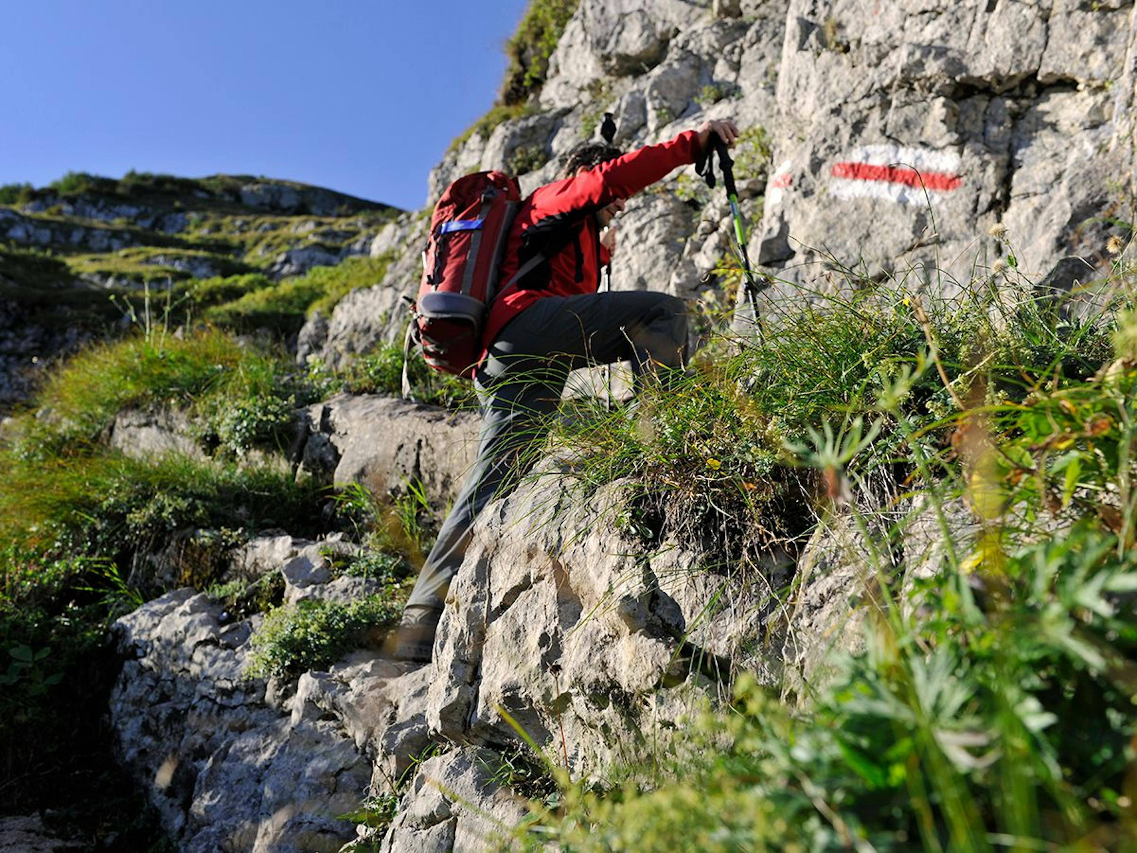 เดินป่า: นักเดินทางกล้าหาญสำรวจเส้นทางหินในท็อกเกนบูร์กท่ามกลางภูมิทัศน์ฤดูร้อน.