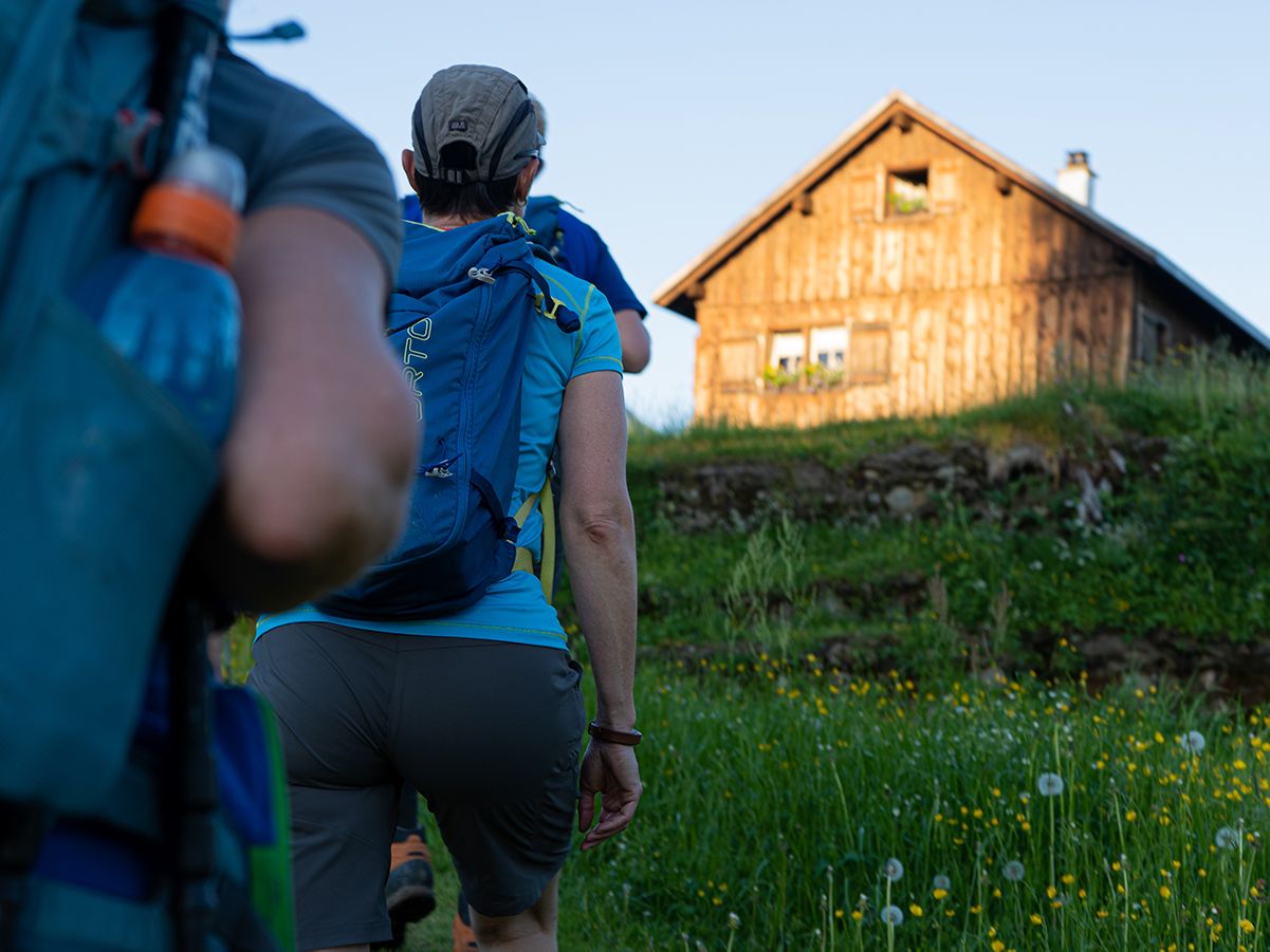 추르피르스텐: 알프 하우스에 가는 길에 있는 하이커, 풀과 산으로 둘러싸여 있다.