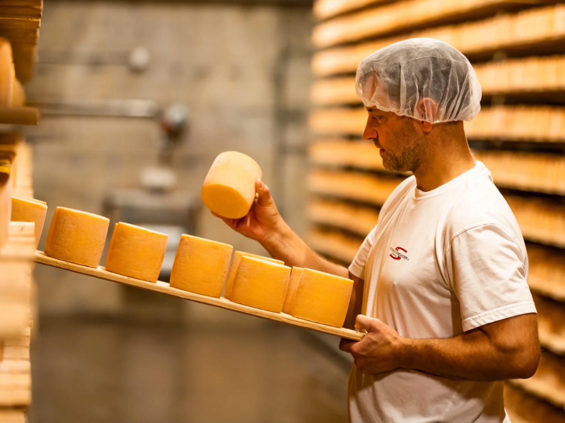 Tête de Moine wird in der Käserei bearbeitet