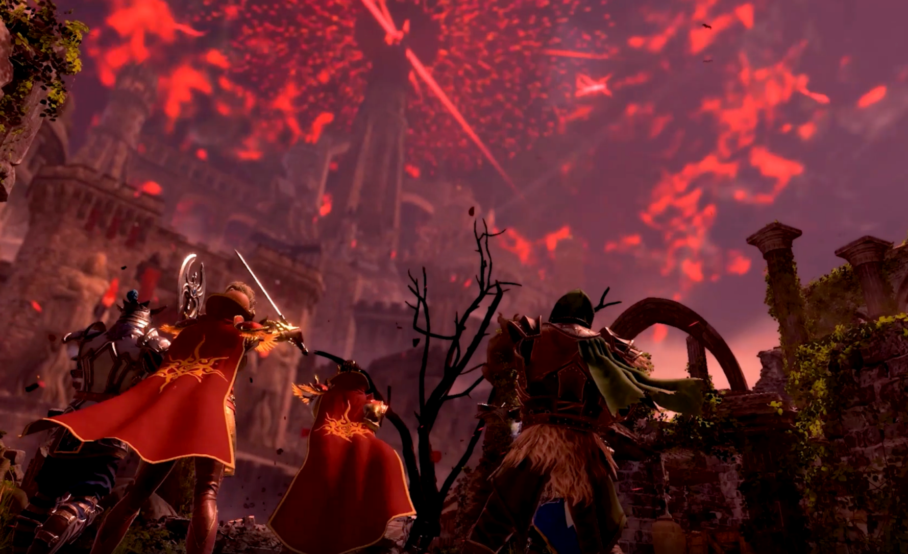 Dragonfire: escena épica con héroes valientes frente a la magia roja - aventura y acción pura