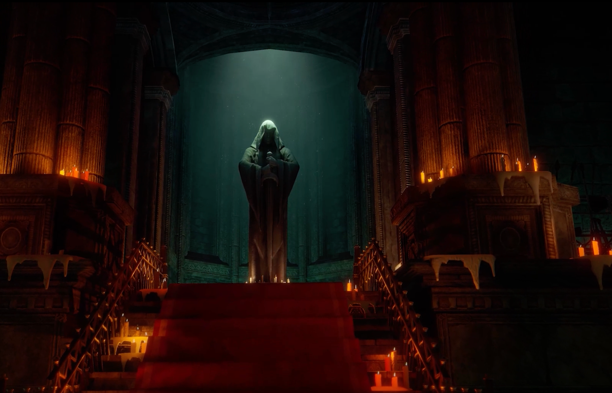 Dragonfire: impresionante estatua en un entorno místico con luz de velas de fondo