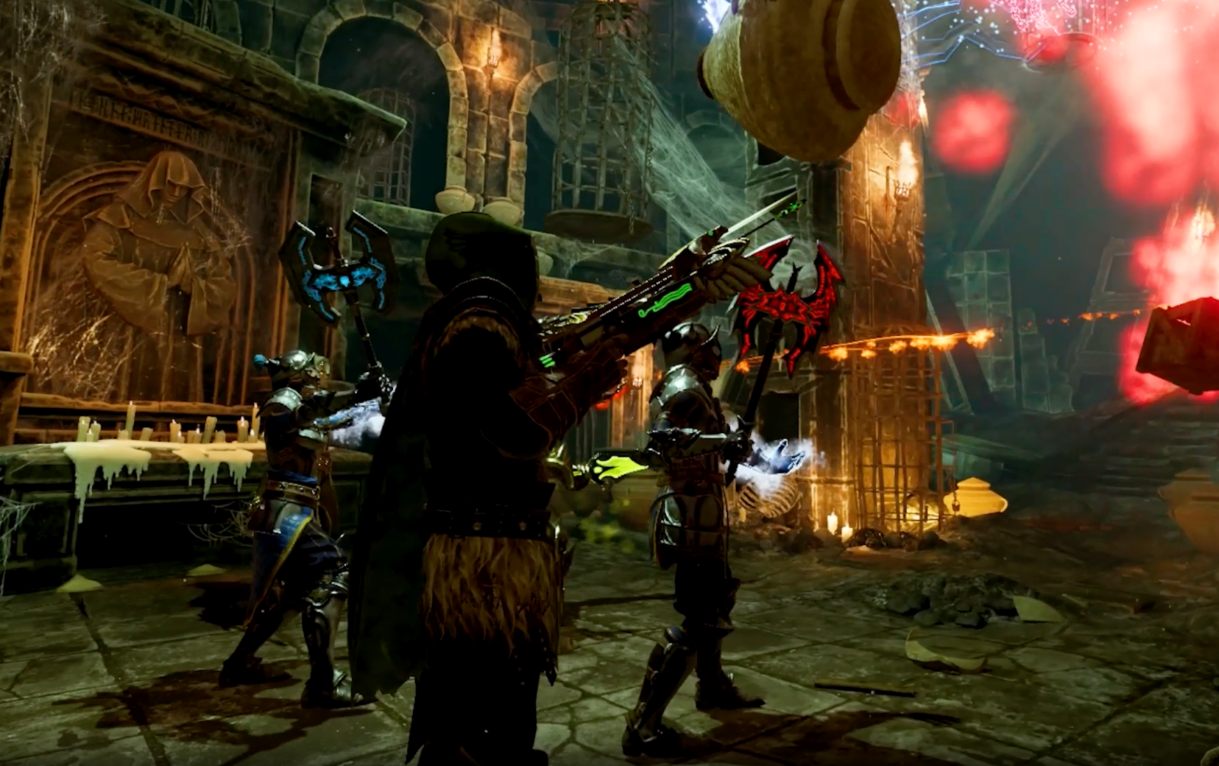 Dragonfire: Jugadores en combate con armas únicas en un entorno místico.