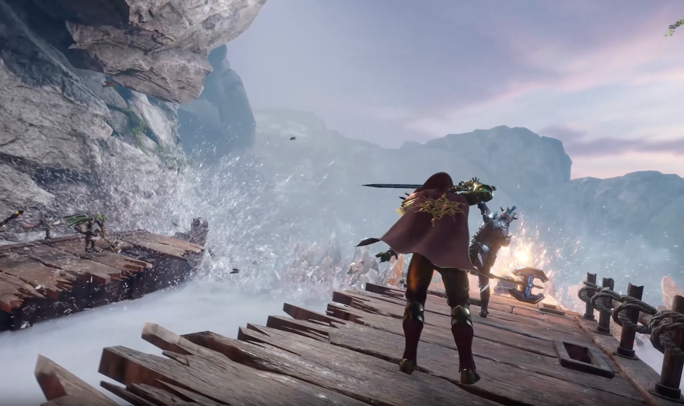 Dragonfire: escena emocionante con luchadores sobre una tabla de madera y una impresionante cascada.