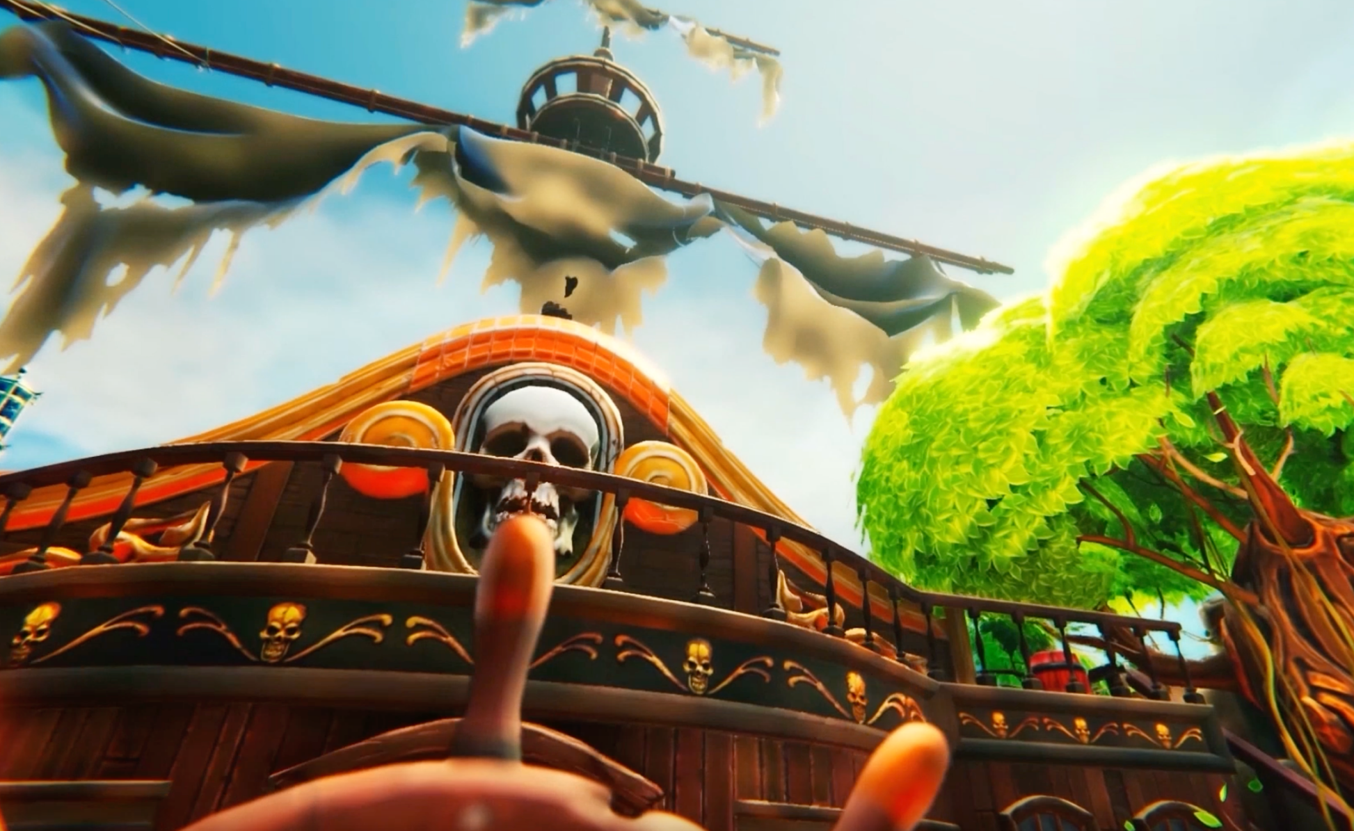 Curse of Davy Jones: beeindruckendes Piratenschiff mit Totenkopf und grüner Baumlandschaft.