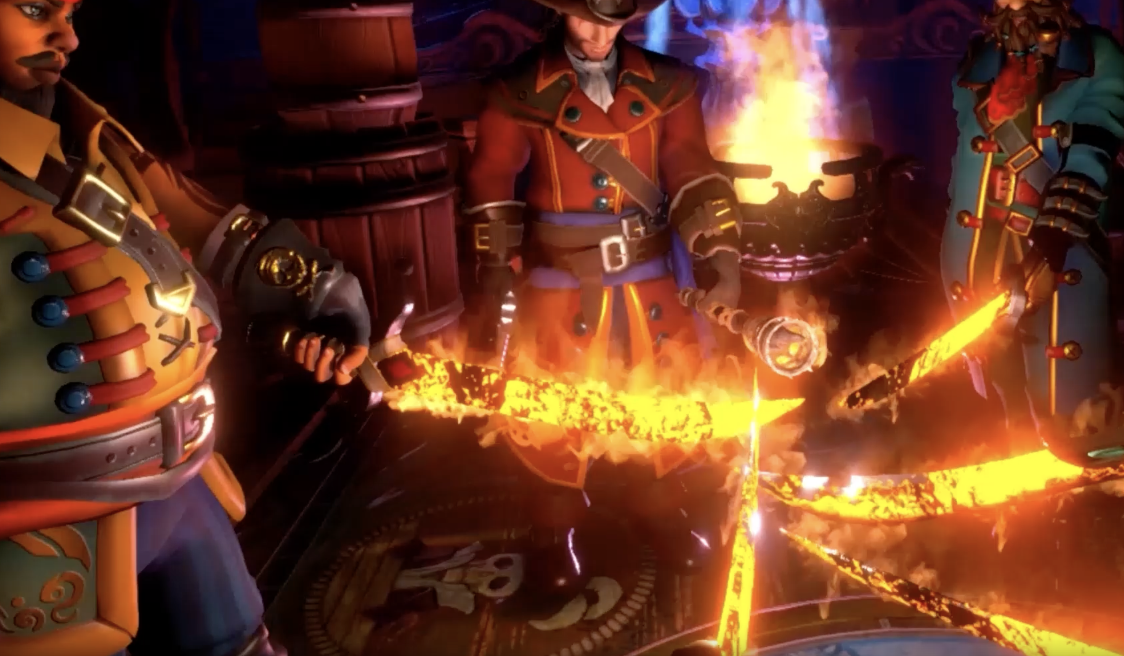 Curse of Davy Jones: 4 Piraten mit brennenden Schwertern in einem spannenden Abenteuer.