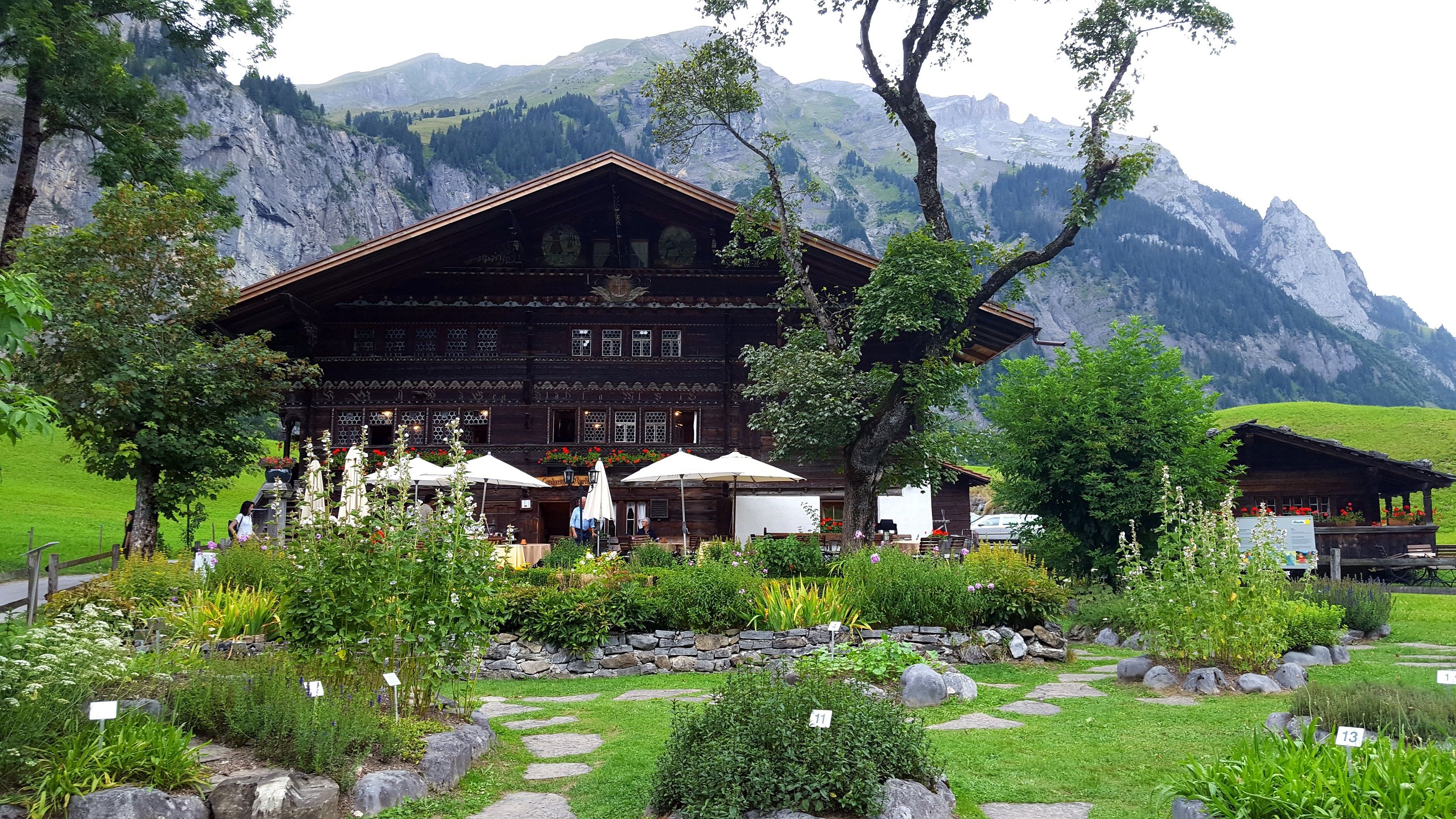 Ricola Bylinková zahrada s rostlinami, restaurací a horskou krajinou.