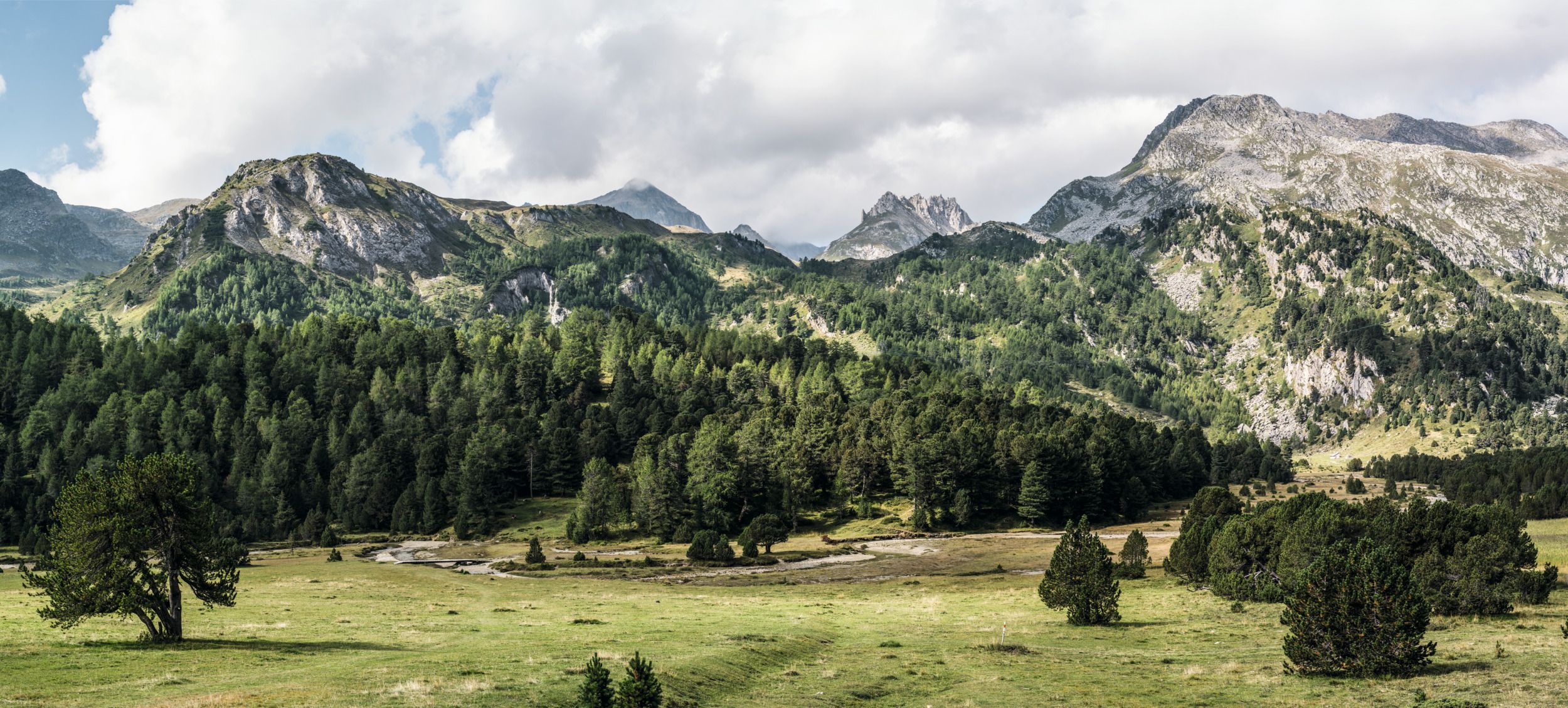 Βλένιο: ειδυλλιακή ύπαιθρος πάνω από το πέρασμα Łουκμανιέρ με πράσινα λιβάδια και επιβλητικά βουνά.