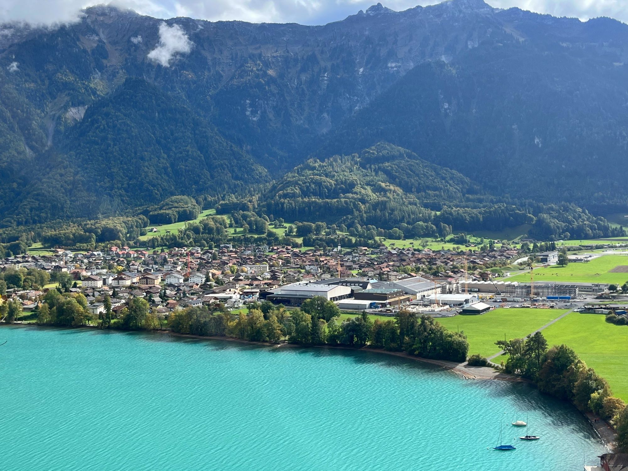 Boenigen: picturesque view of the turquoise lake and the surrounding mountains in summer