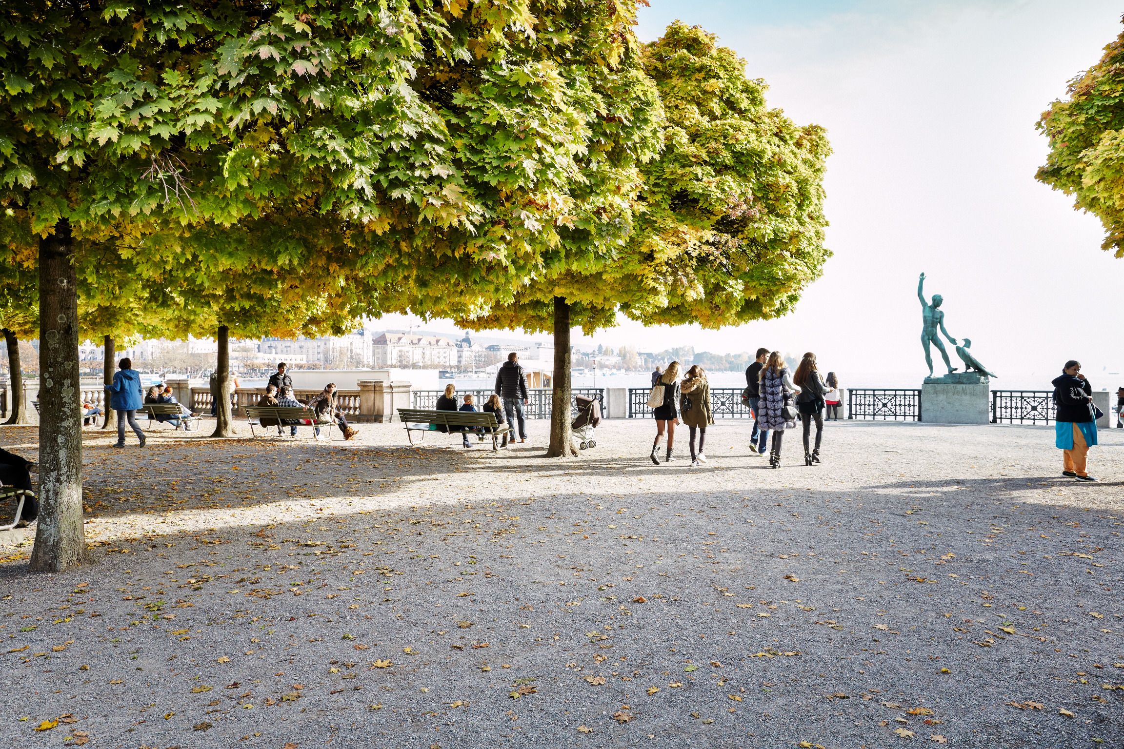 Bürkli Terrace: A walk under trees, relax in Zurich in autumn.