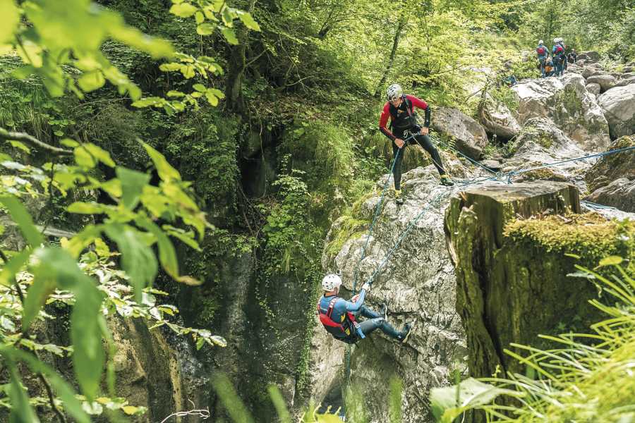 Canyoning Interlaken en el desfiladero de Saxetenzug con principiantes, participante en la roca en el bosque