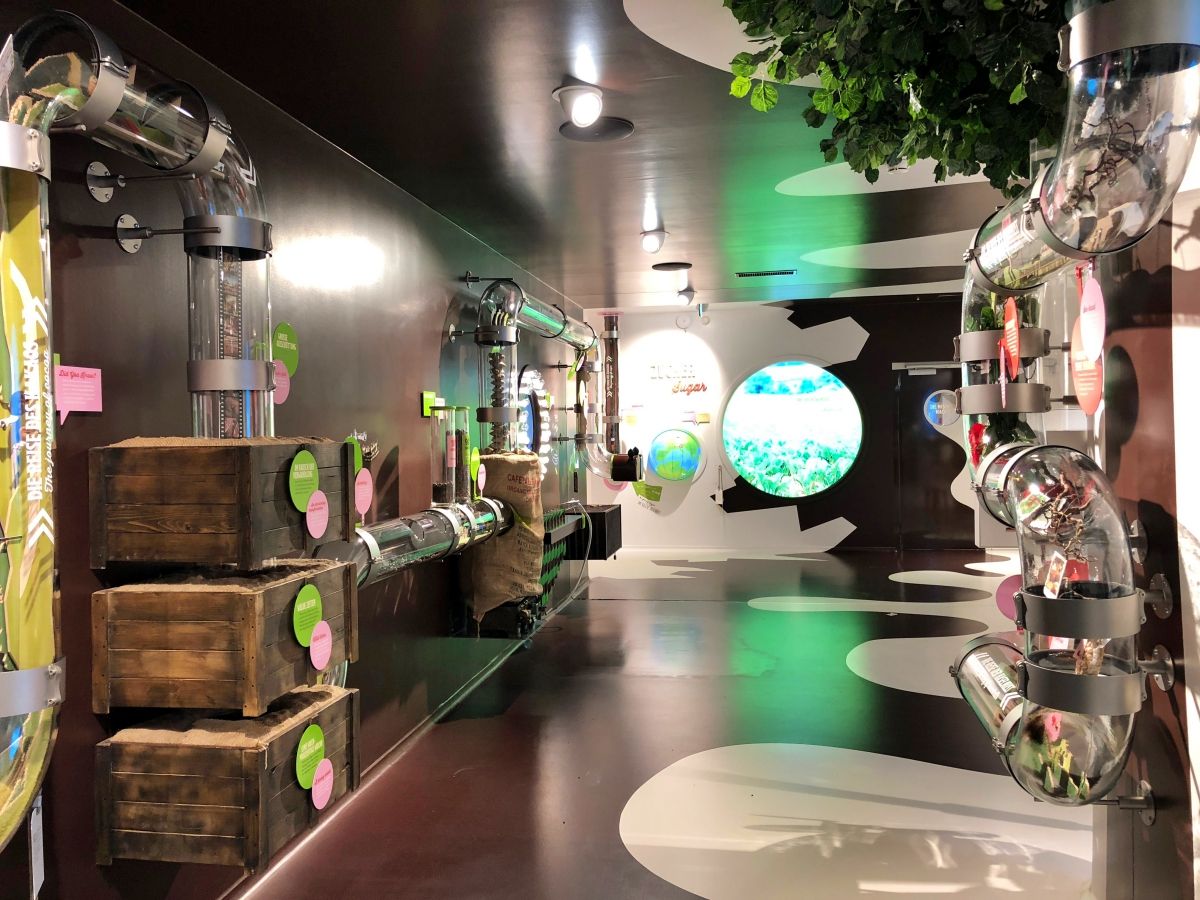 Besøg i Chokoladefabrikken i lokalet med rør og udstillinger.