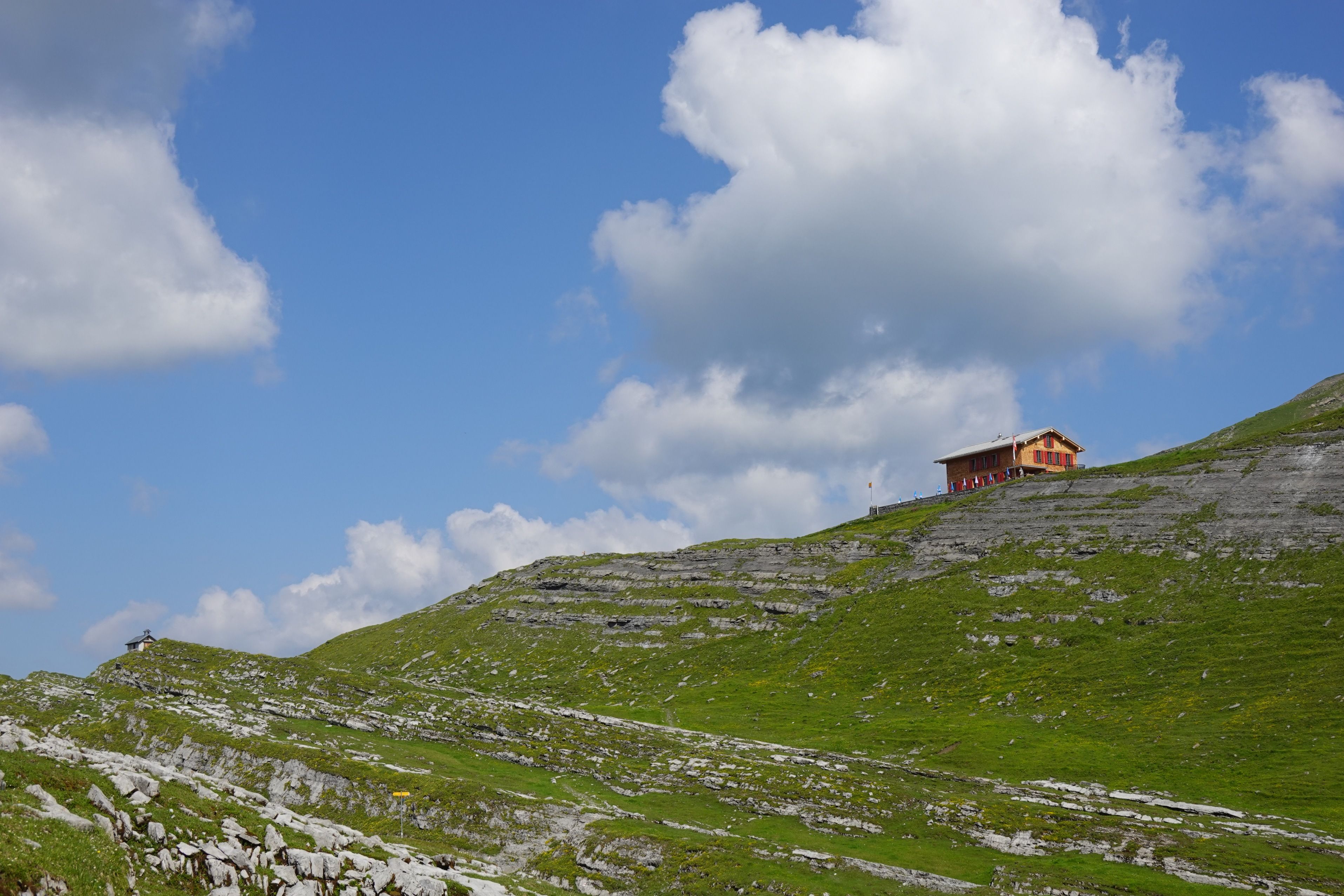 格拉特阿尔普：风景如画的景色，有阿尔卑斯号角课程，被山脉和草地环绕。