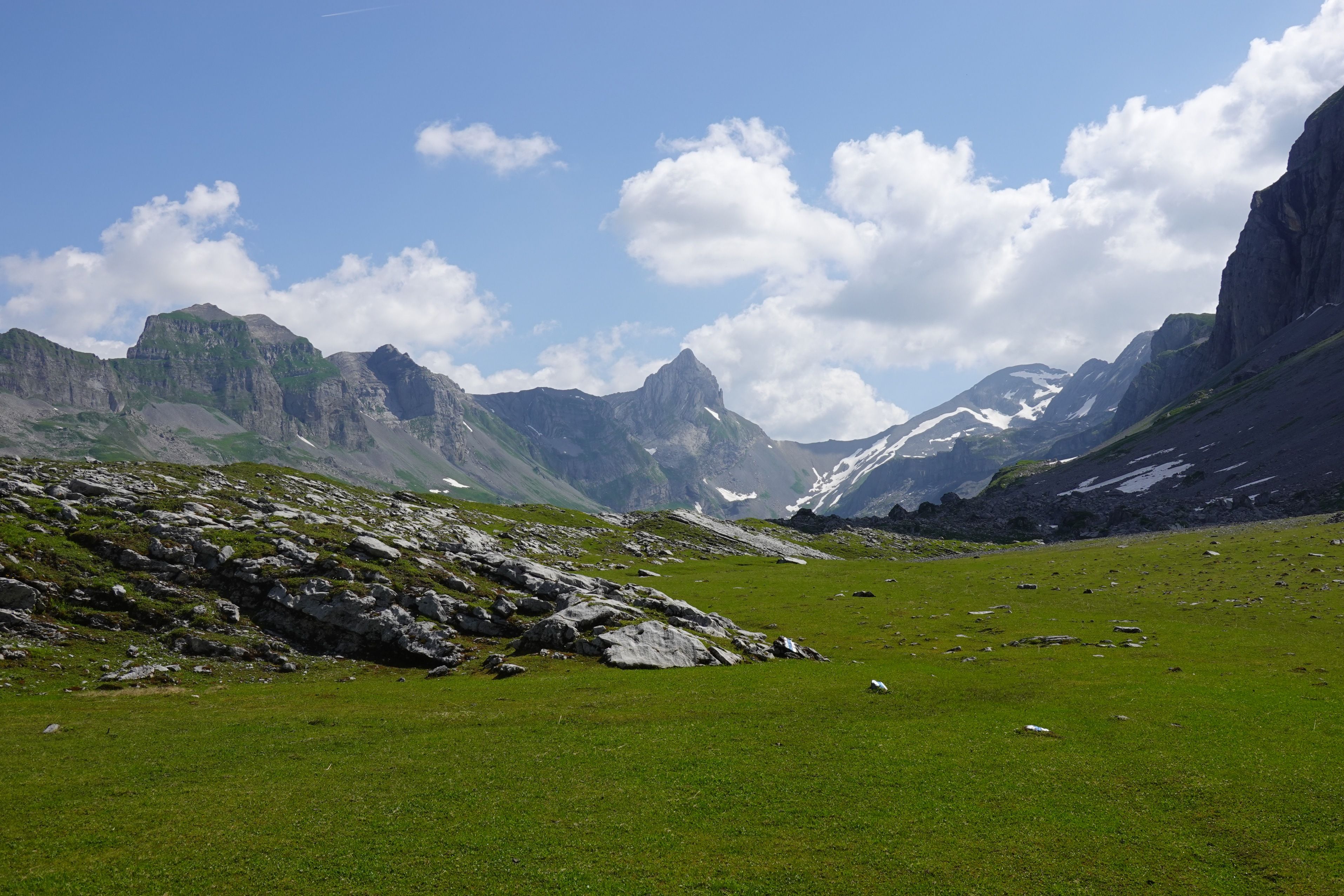 Glattalp：迷人的背景，背后是阿尔卑斯山和绿色的草甸，适合户外活动。