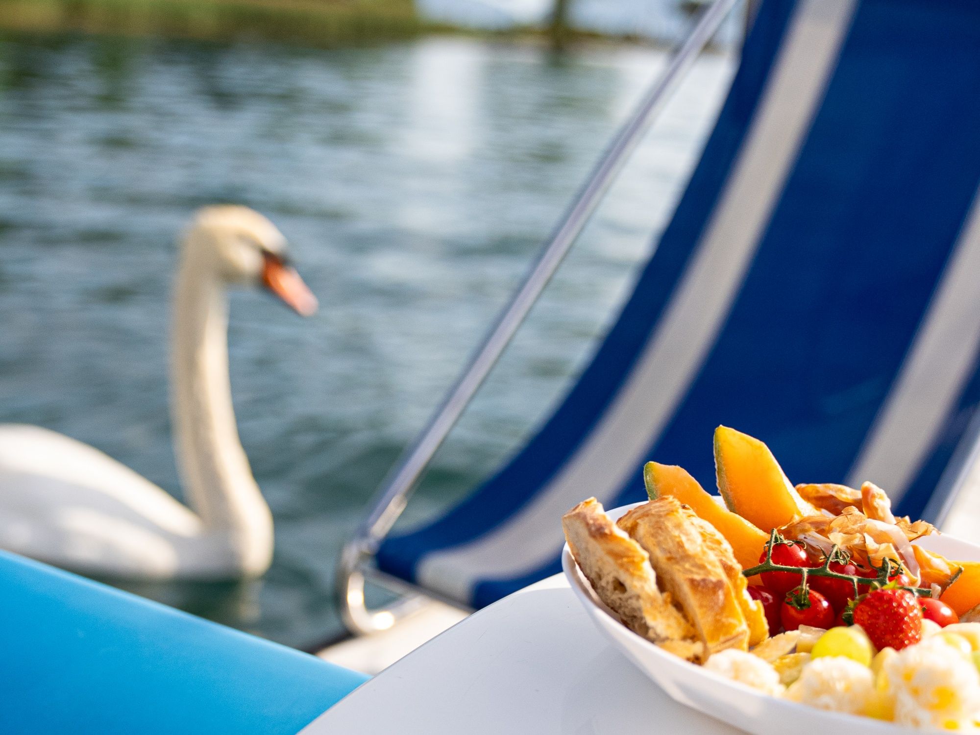 Pedalo Apero met verse vruchten aan het meer, ideaal voor ontspannen zomerdagen aan het water.