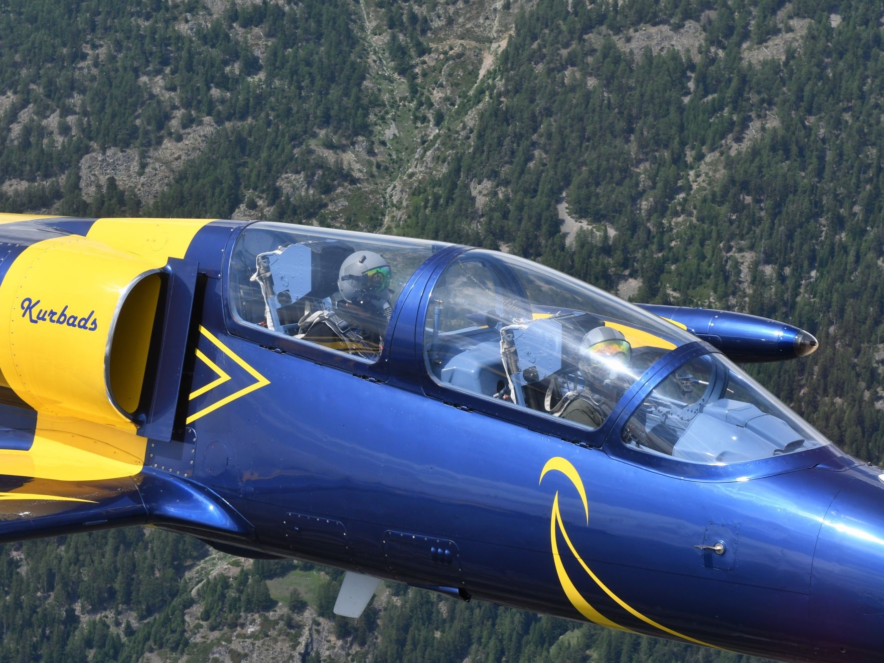 L39 Albatros: detailní záběr letadla ve vzduchu nad Alpami s nádhernou zelení v pozadí.