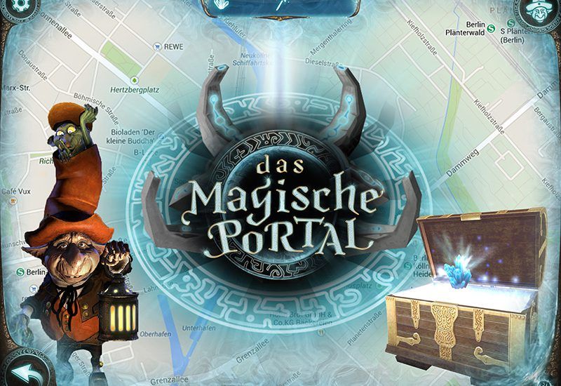Das magische Portal Escape Game zeigt interaktive Elemente, wie das Portal und Schatzkiste.