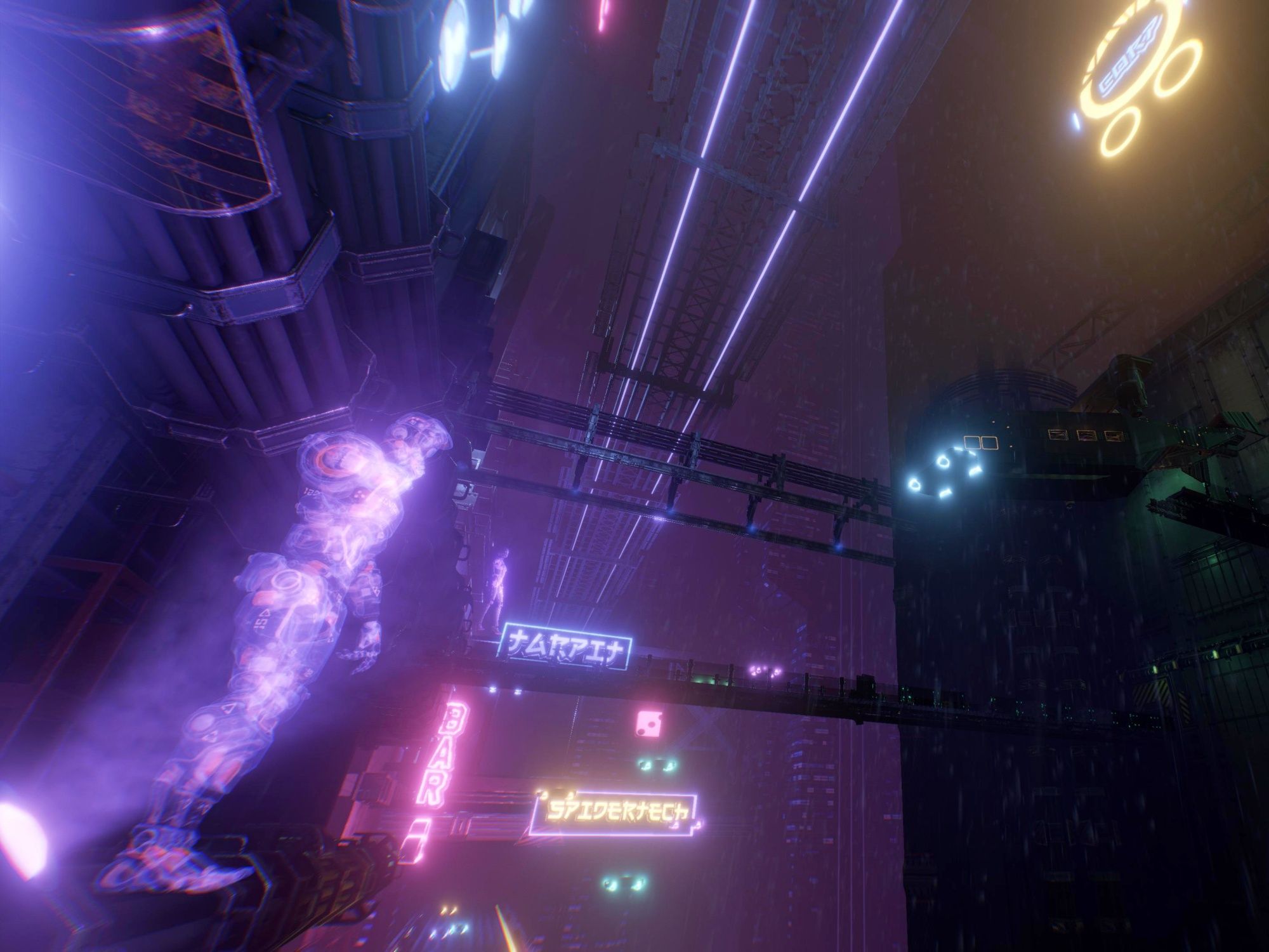 Cyberpunk: Vista futuristica della città con luci al neon brillanti e architettura impressionante.