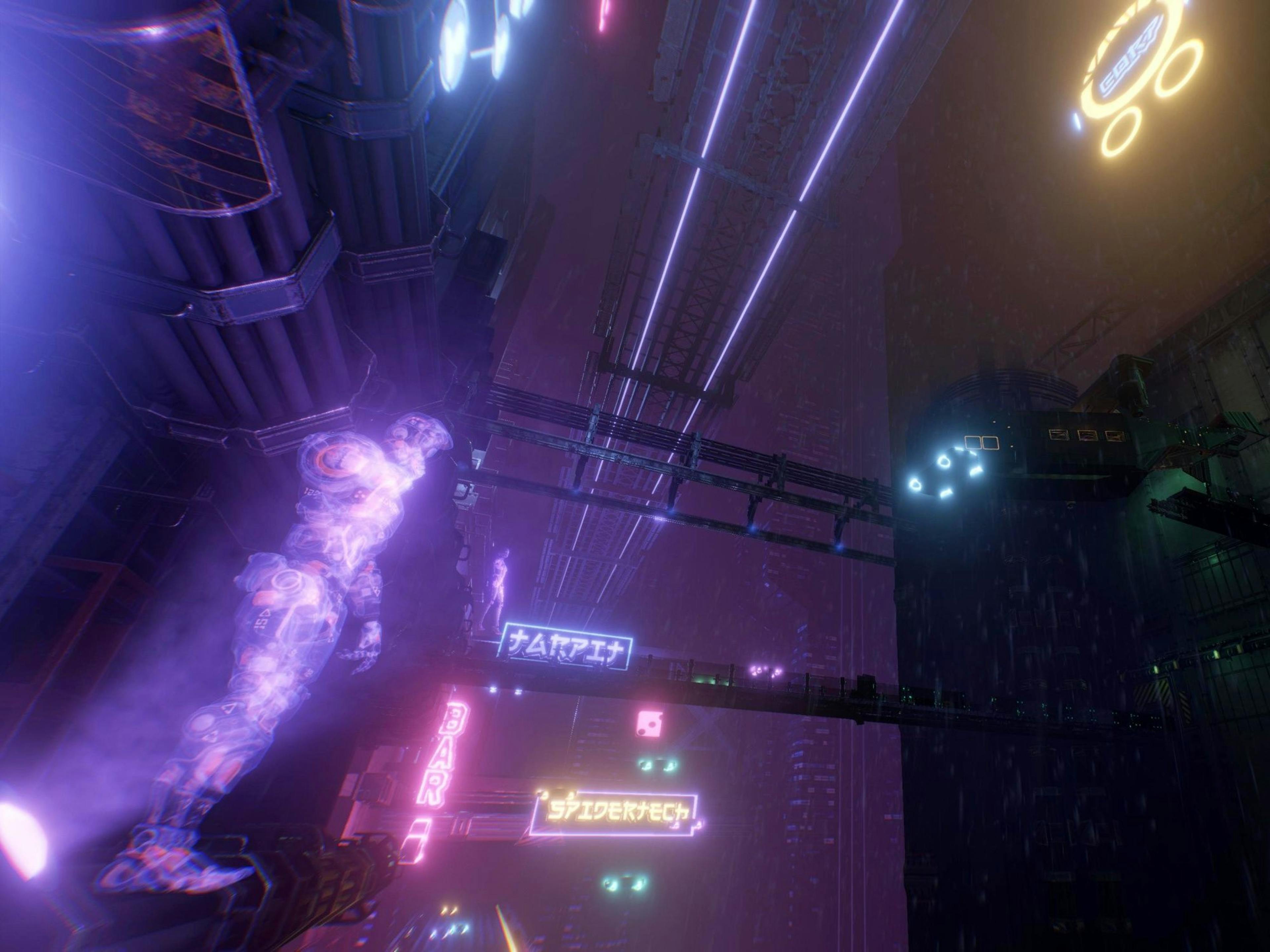 Cyberpunk: Vista futuristica della città con luci al neon brillanti e architettura impressionante.