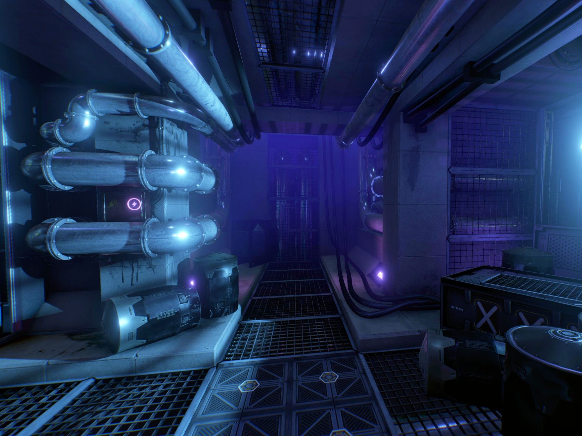 VRilliant 사이버 펑크: 빛나는 파이프와 기술 요소가 있는 미래 지향적 공간 건축.