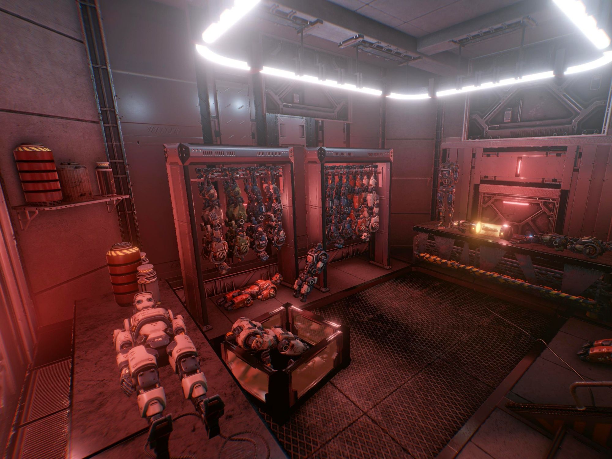 VR 사이버펑크: 레드 라이트의 기계와 장비로 가득한 미래지향적인 공간, 최첨단 기술을 경험하세요.