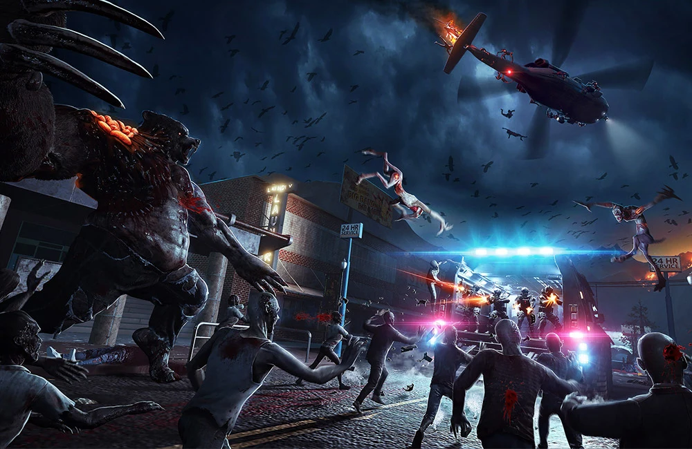 Deadwood Valley: Spännande scen med zombies och helikopter under natten i en urban miljö.
