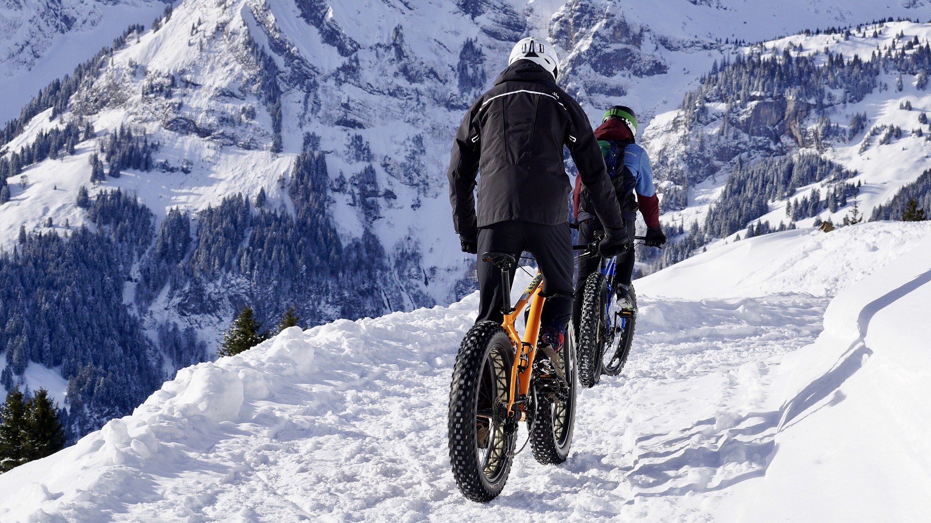 Fatbike Νταβός Πίσσα στο χιόνι, δύο οδηγοί σε καλυμμένο χιόνι μονοπάτι