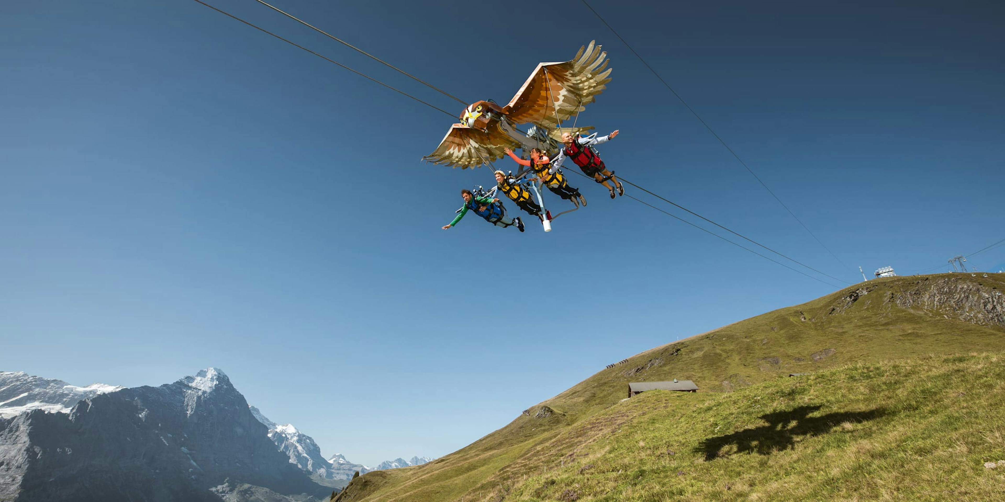 First glider in Grindelwald with participants in colorful suits, clear view of mountains