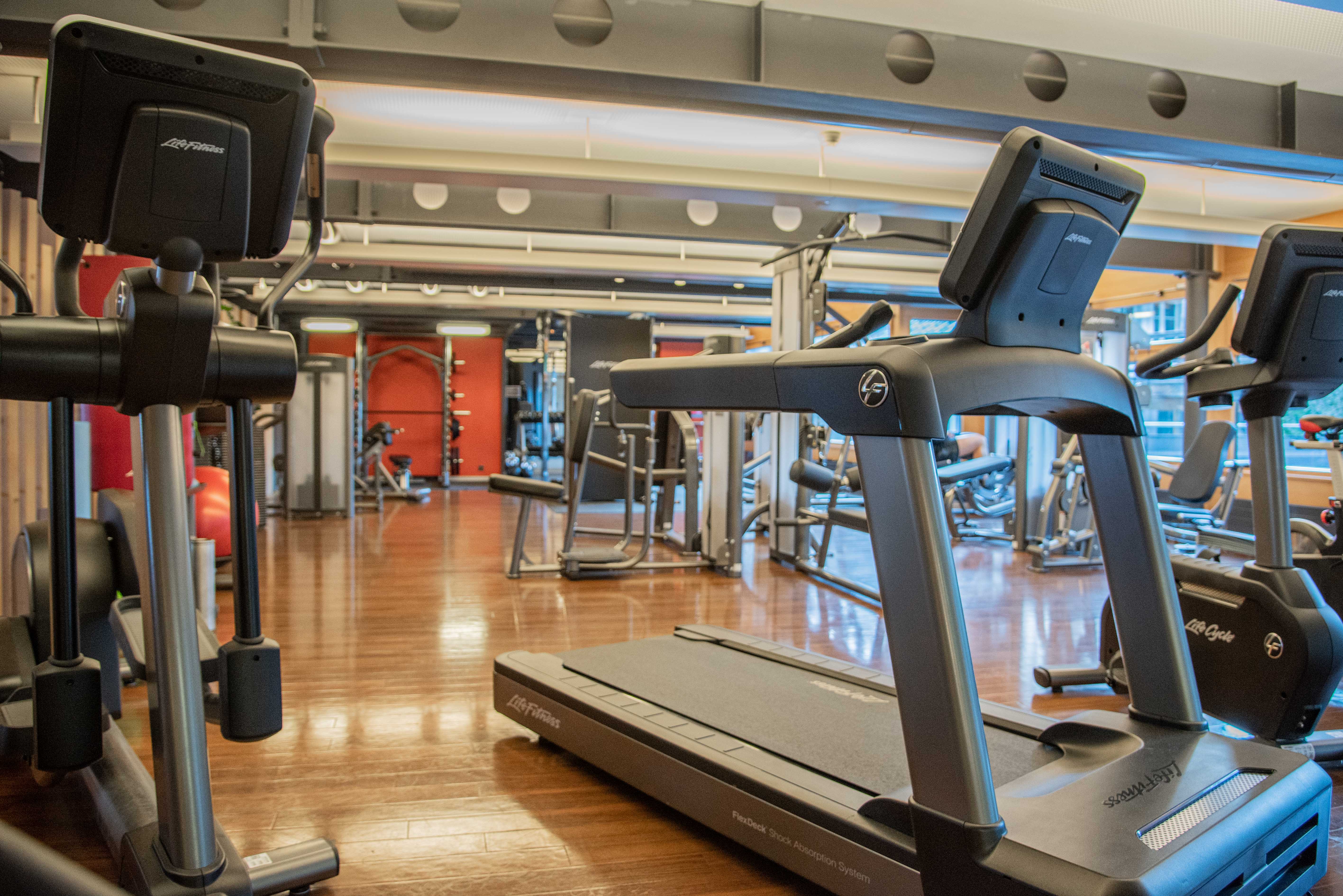 健身：现代健身房提供有效训练设备，在夏季的艾格尔。