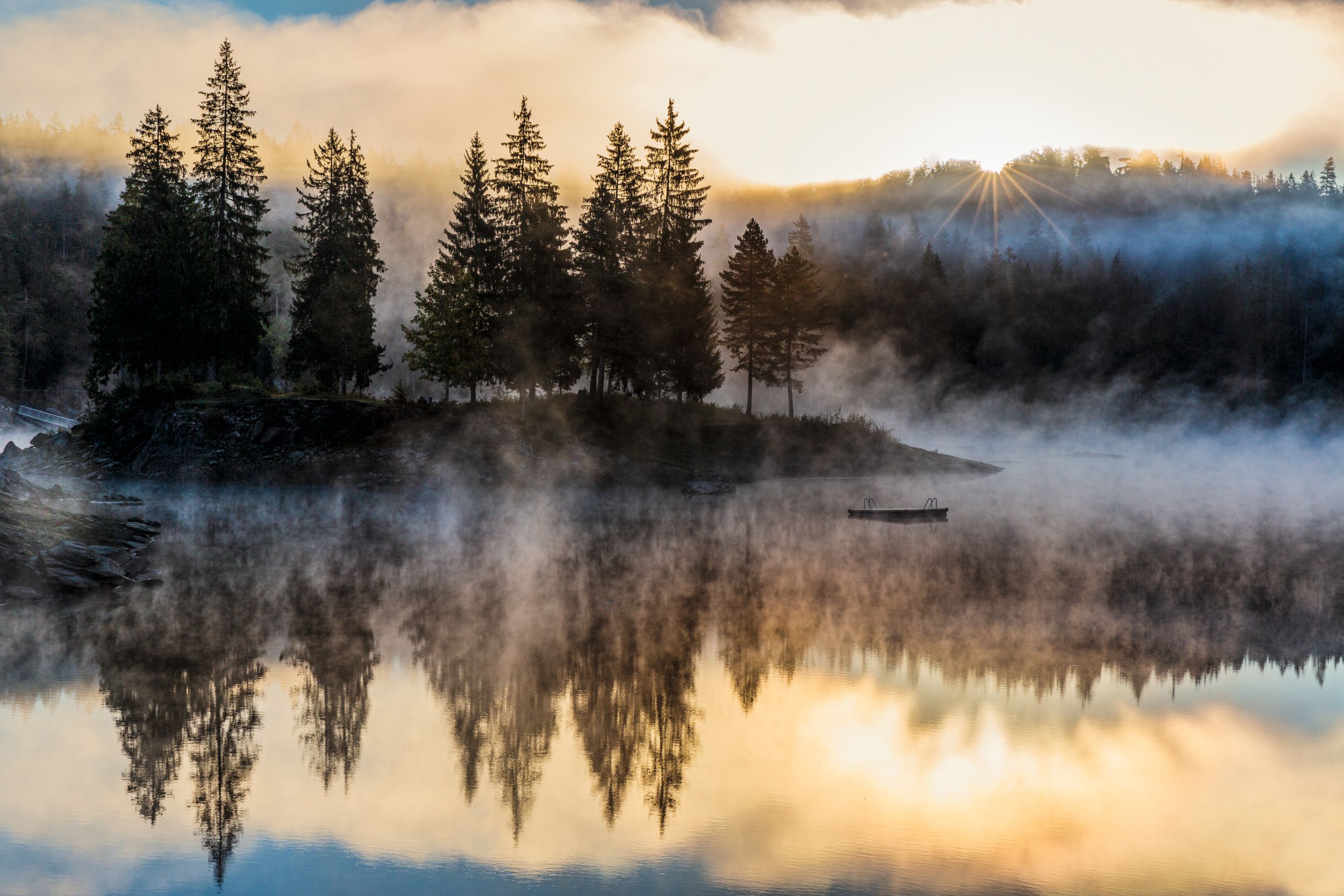 Φιλμς Caumasee: γραφική τοποθεσία με ομίχλη στα νερά και σκιές δέντρων τον Μήνα των Χειμώνων.