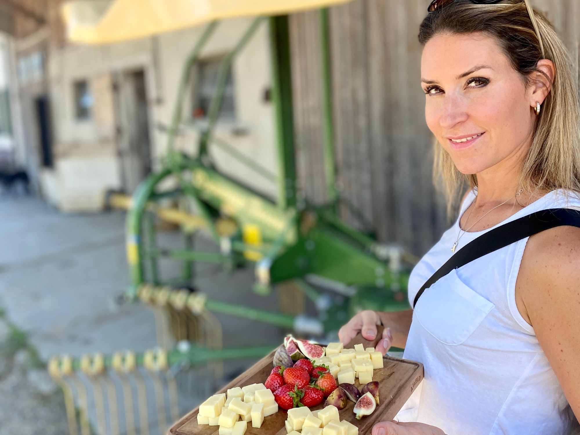 Fattoria Svizzera di Heidi: Donna con formaggio e frutta nella fattoria in Svizzera