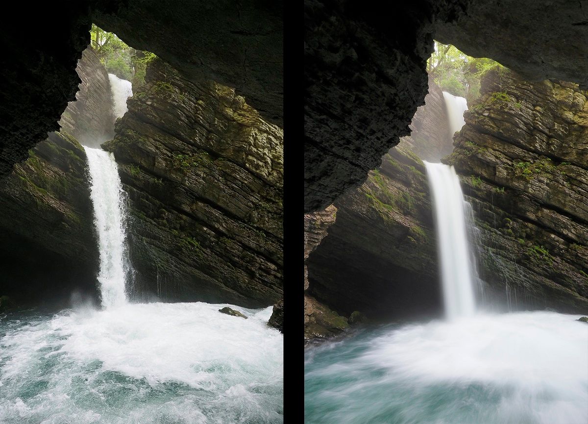 滝の比較：緑の背景にあるトゲンブルクの2つの印象的な滝。