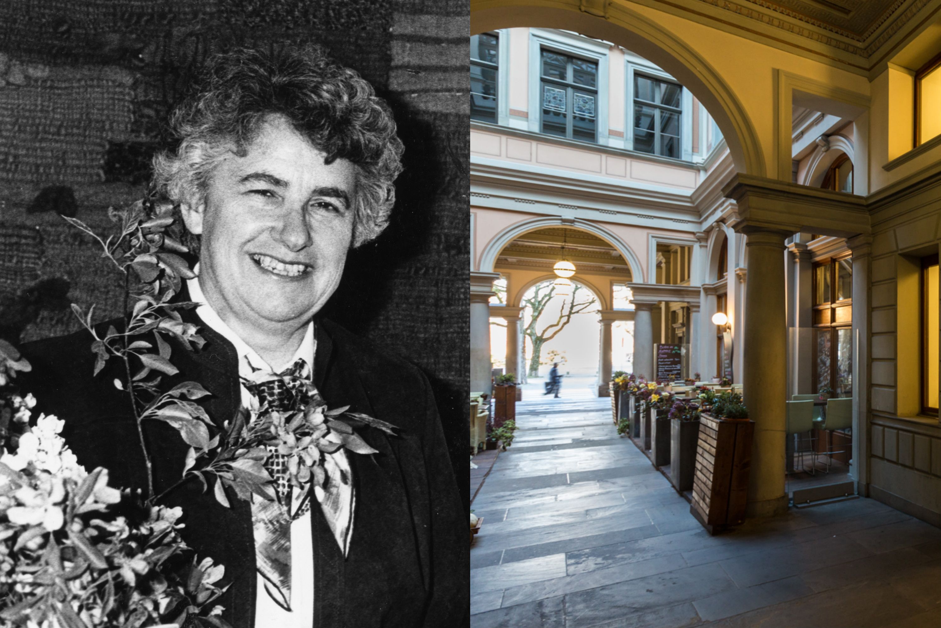 Woman with a bouquet in a courtyard in Bern.