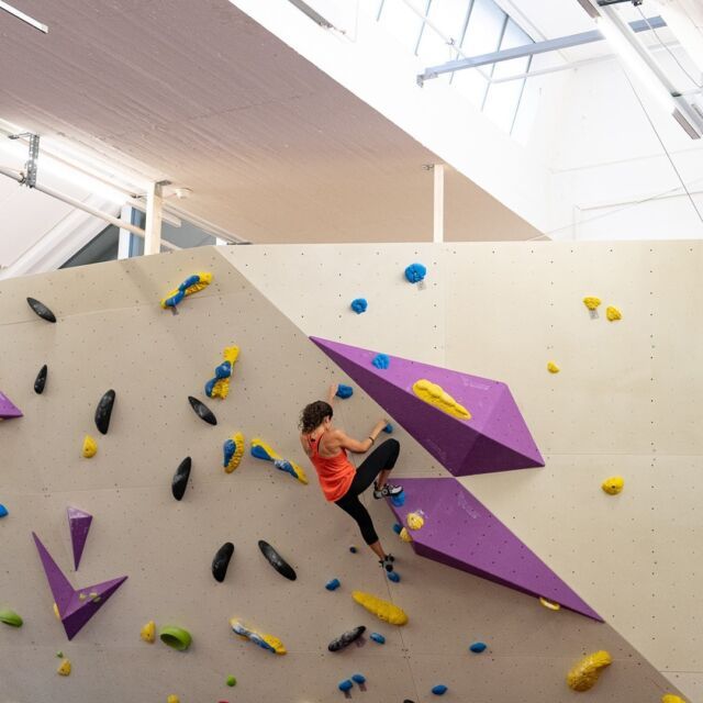 Freiruum bouldermet indoorområde, klättring på höga väggar med färgglada grepp